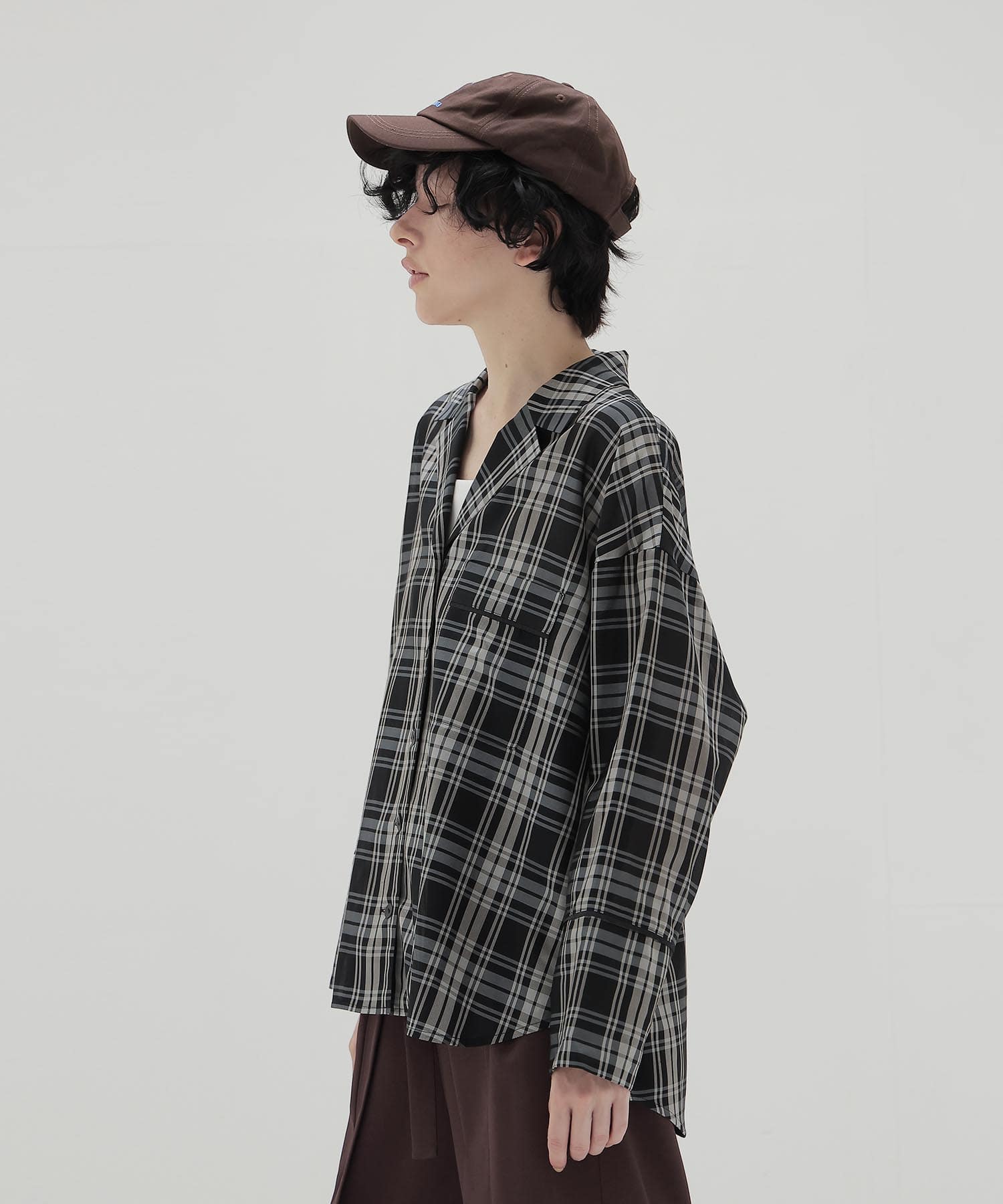sheer check open collar shirt