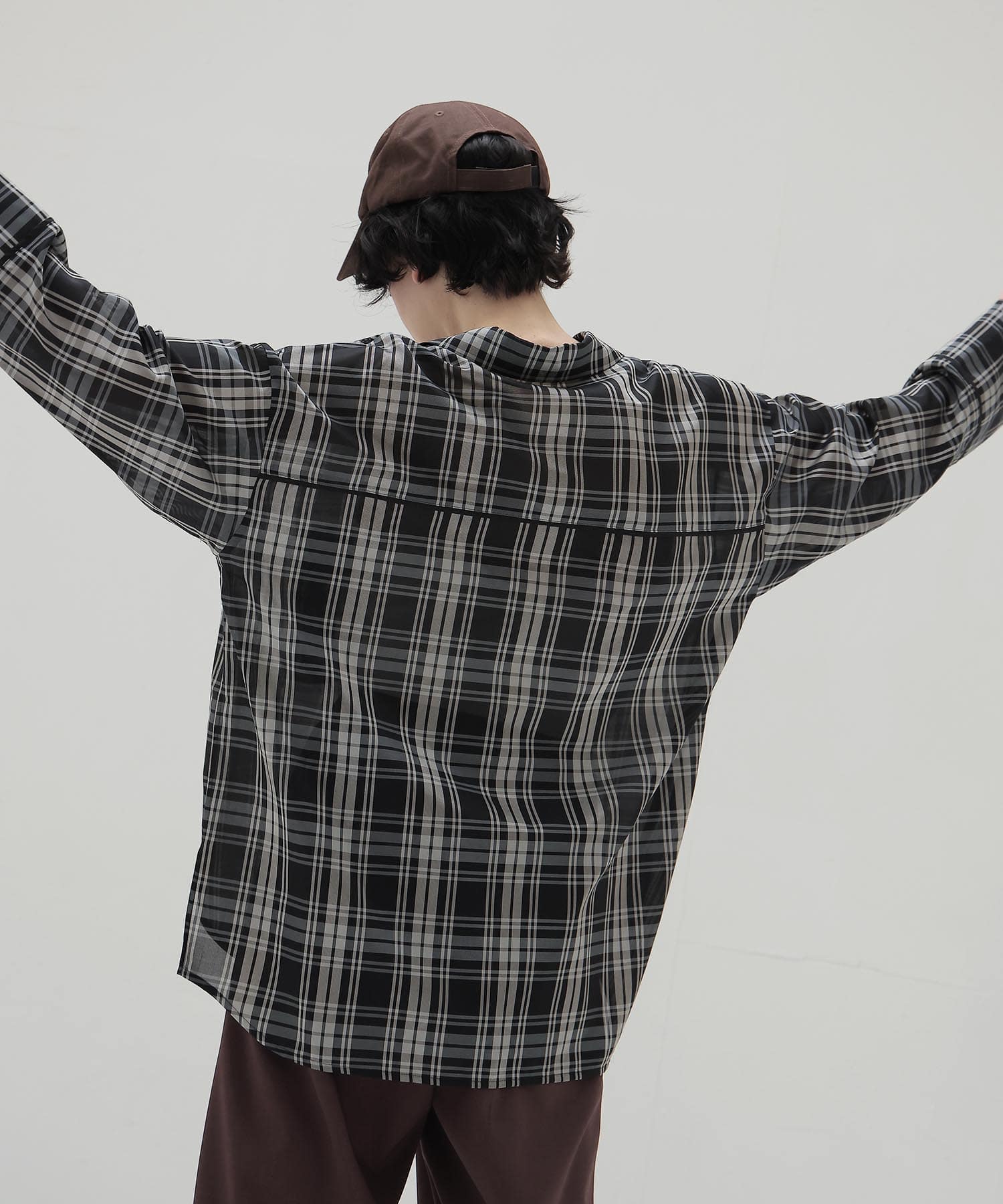 sheer check open collar shirt