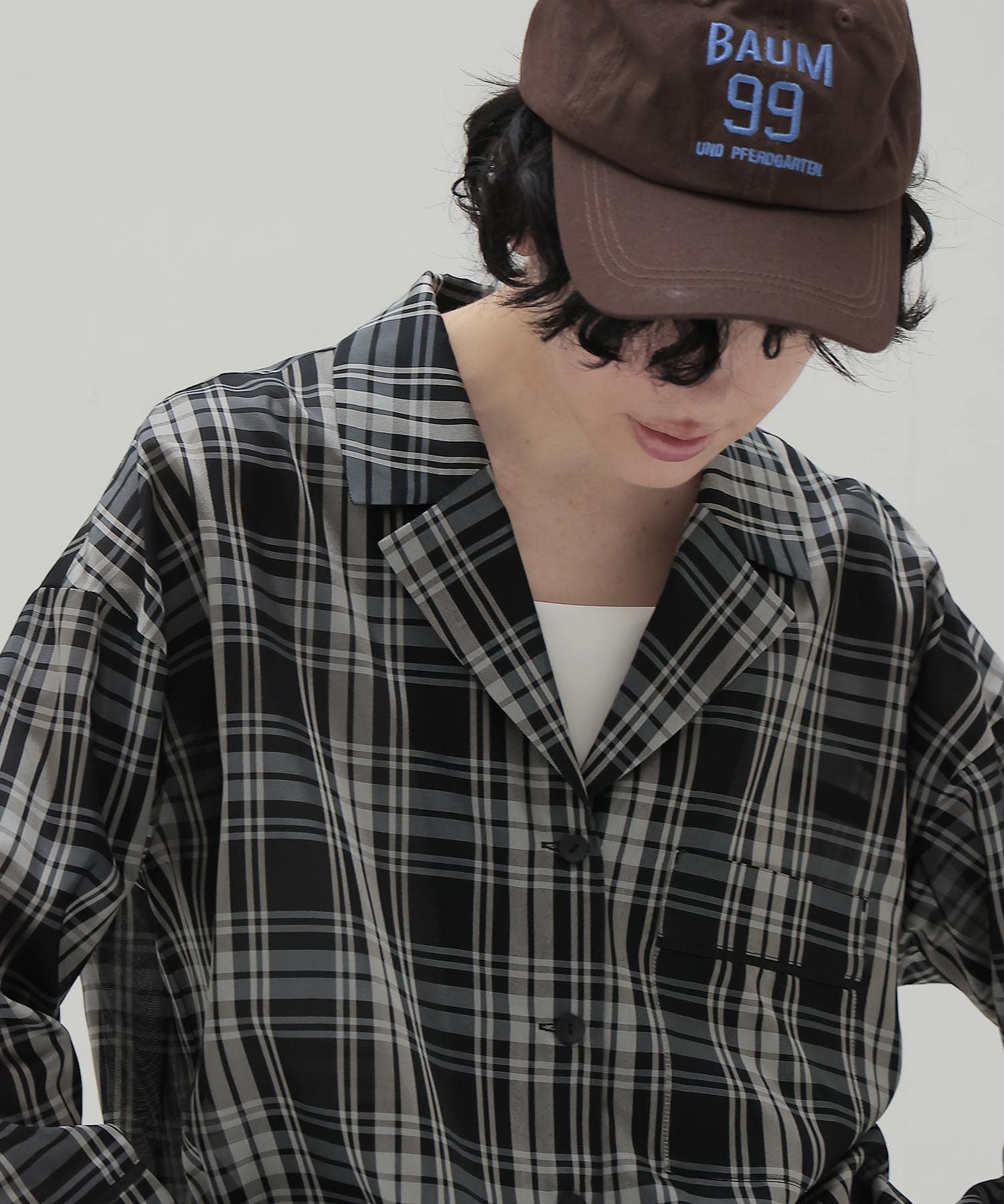 sheer check open collar shirt