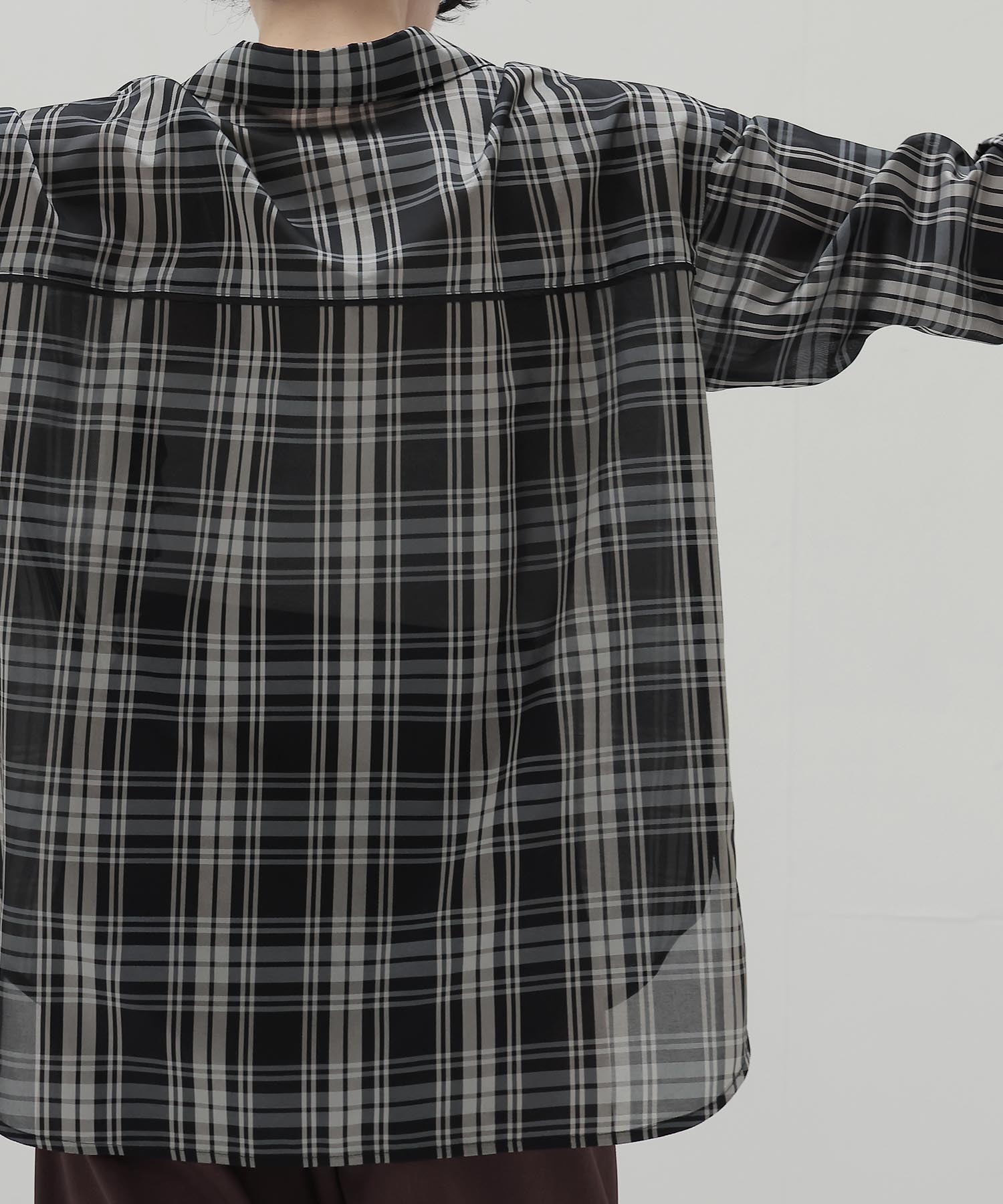 sheer check open collar shirt