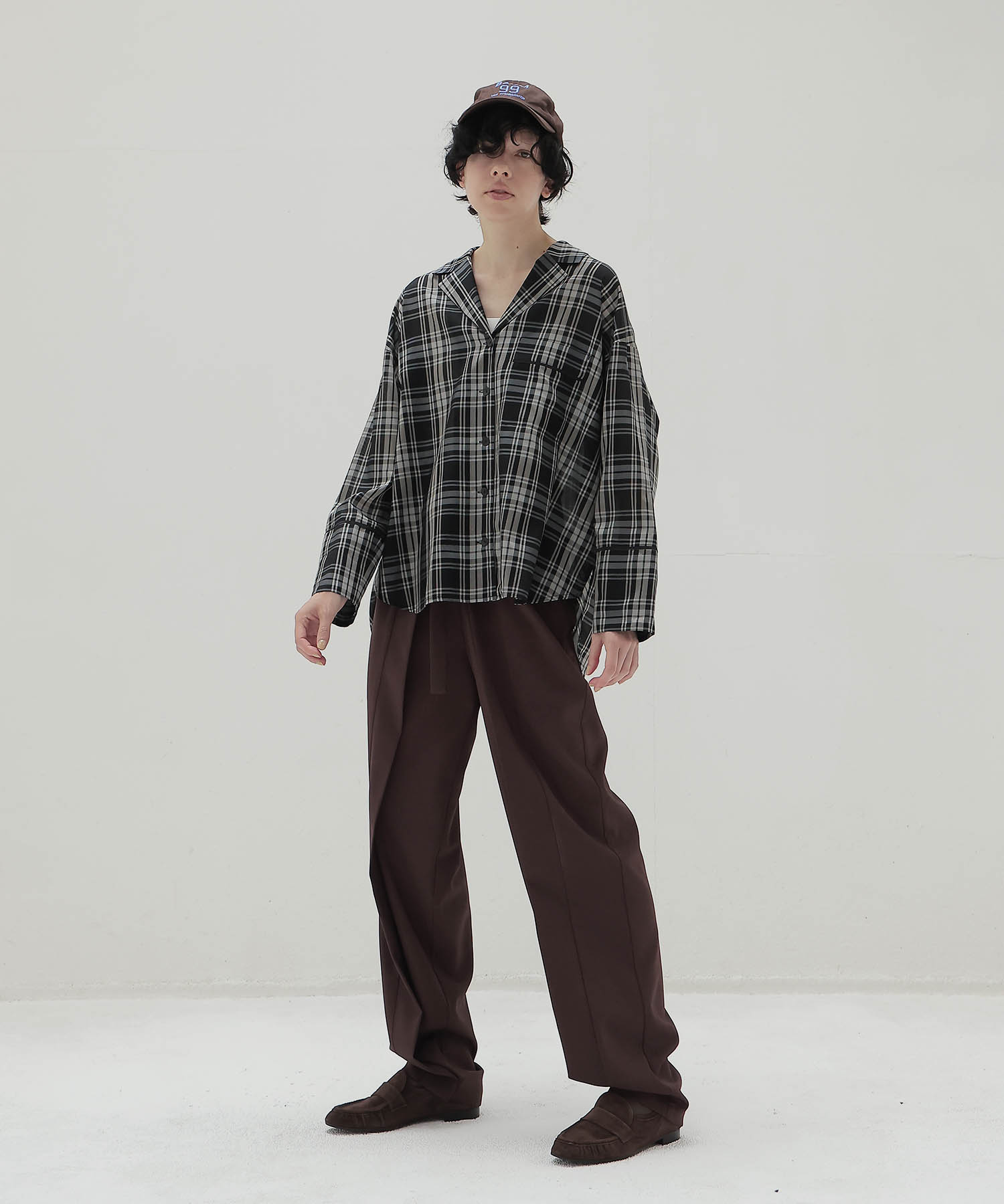 sheer check open collar shirt