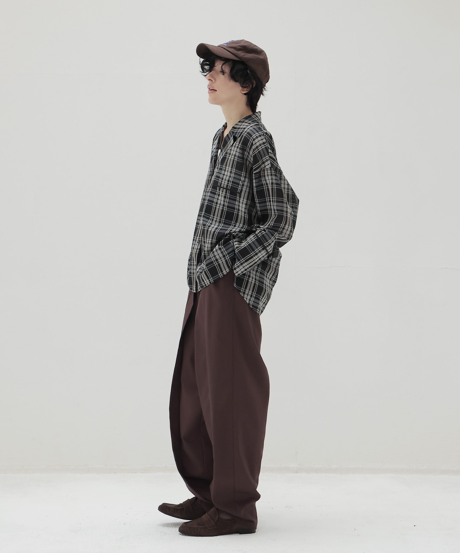 sheer check open collar shirt