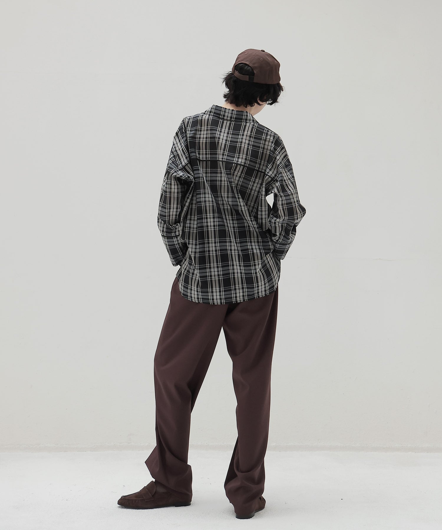 sheer check open collar shirt