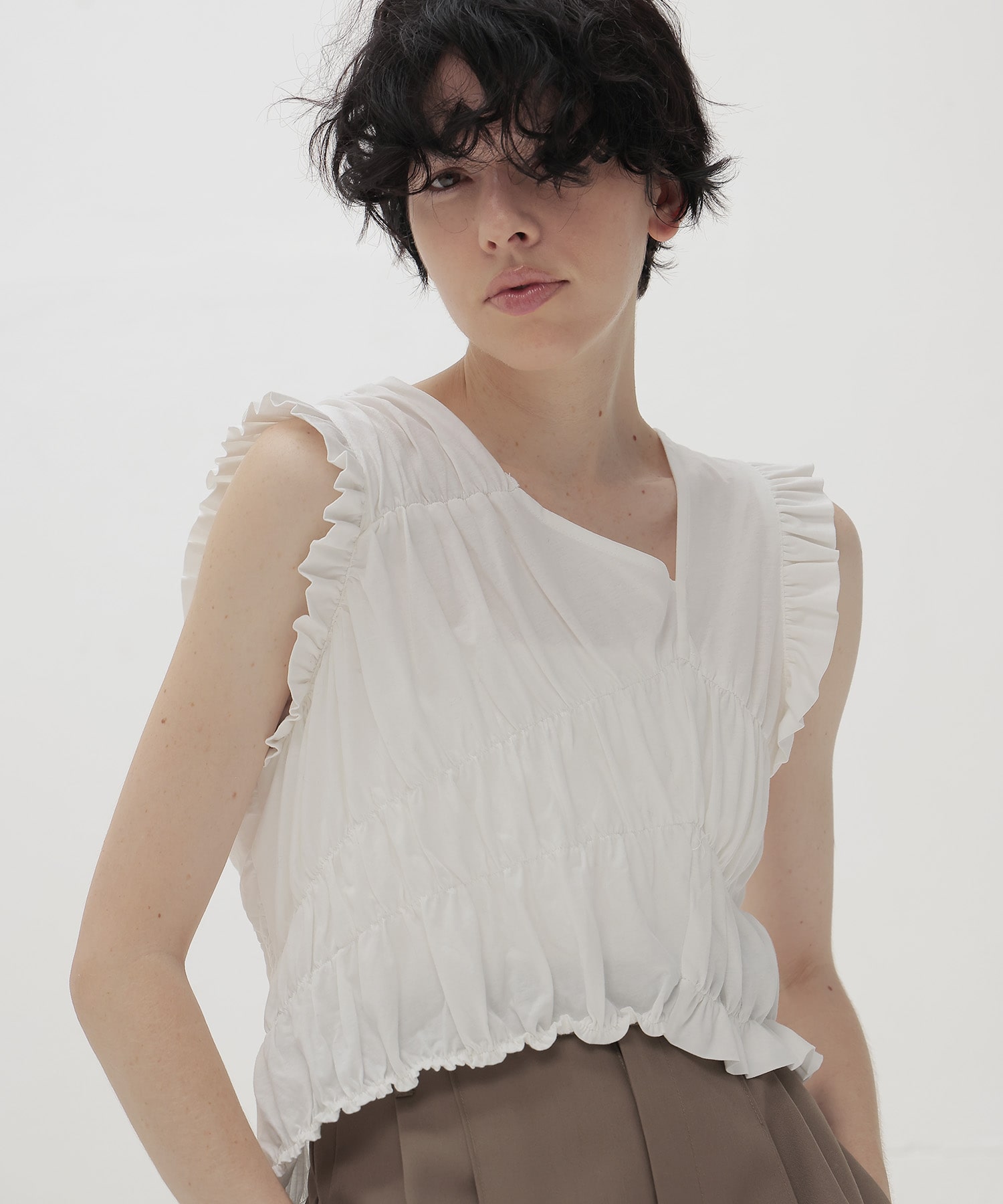 cotton shirring asymmetry pullover