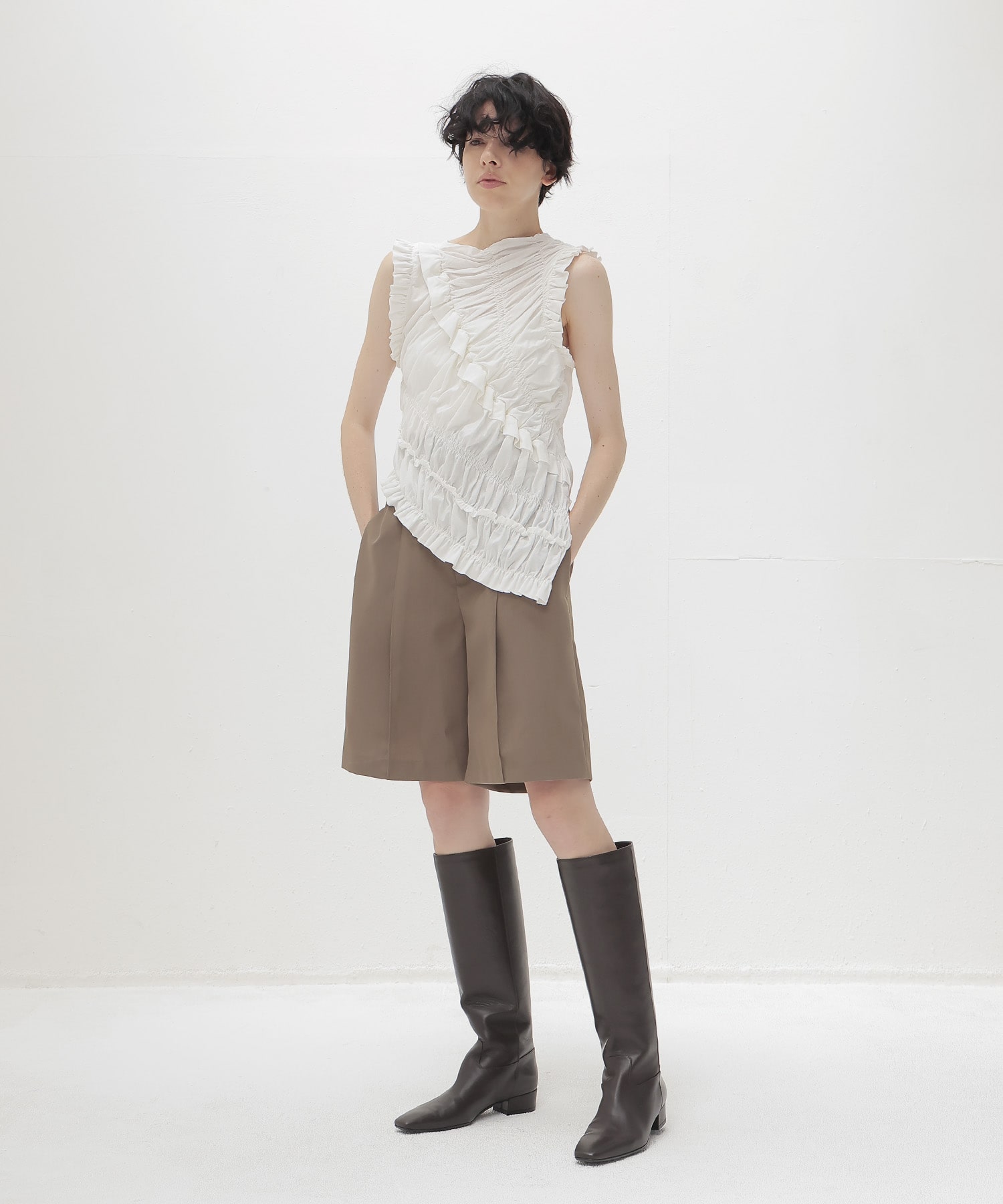 cotton shirring asymmetry pullover