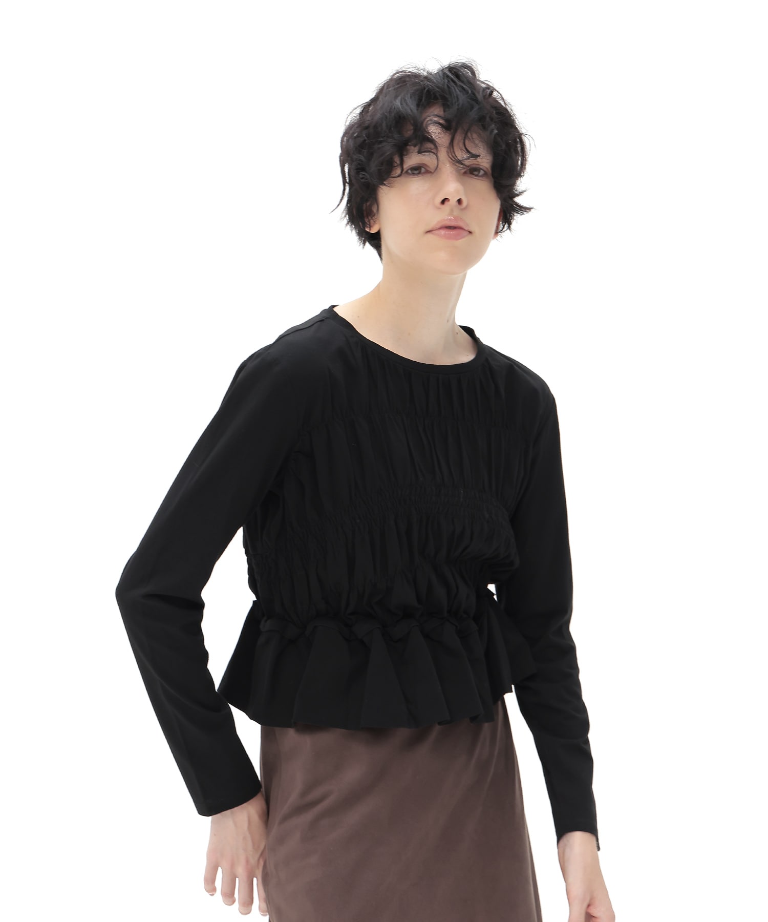 cotton shirring long sleeve pullover