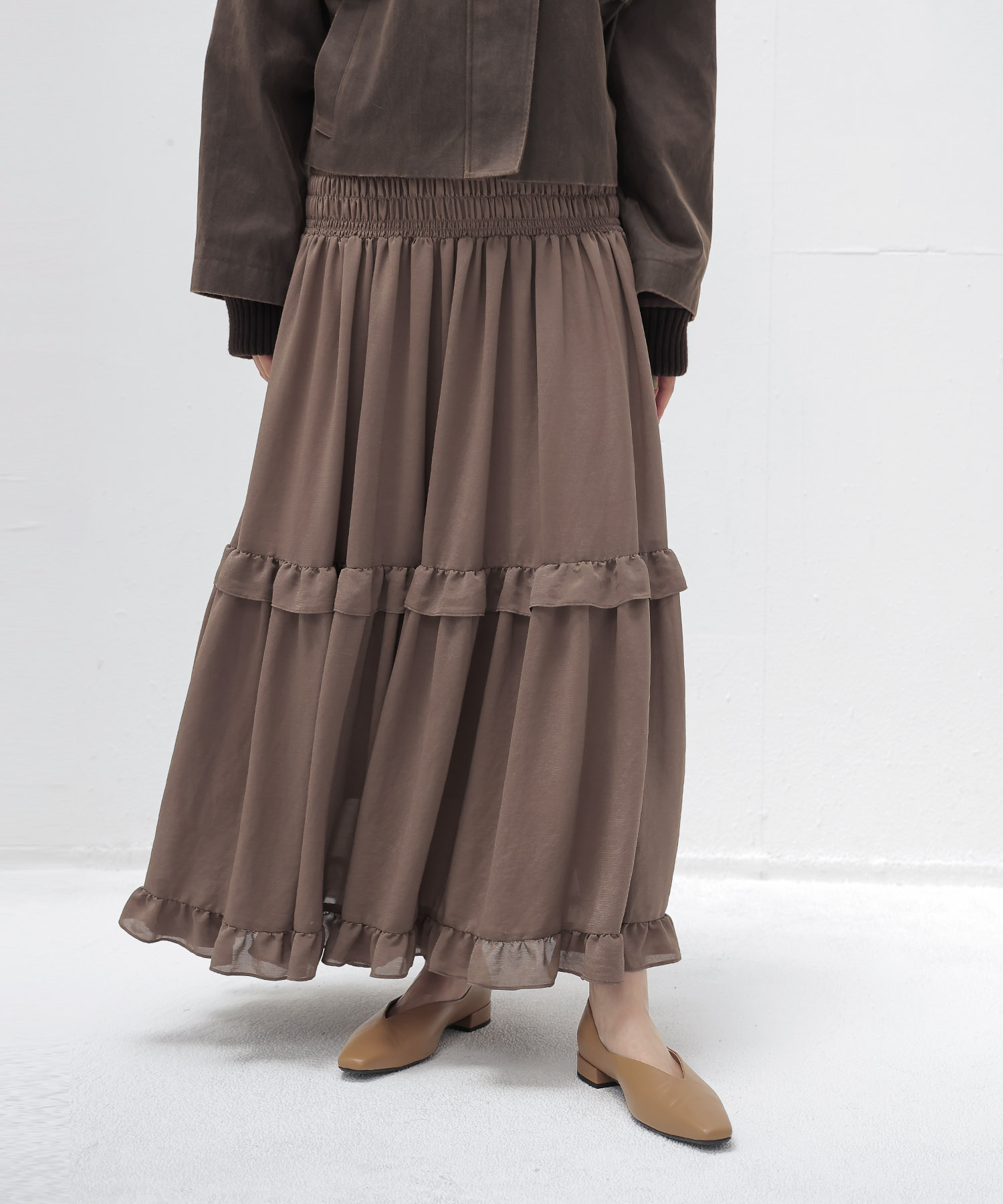 shirring tiered gom long skirt