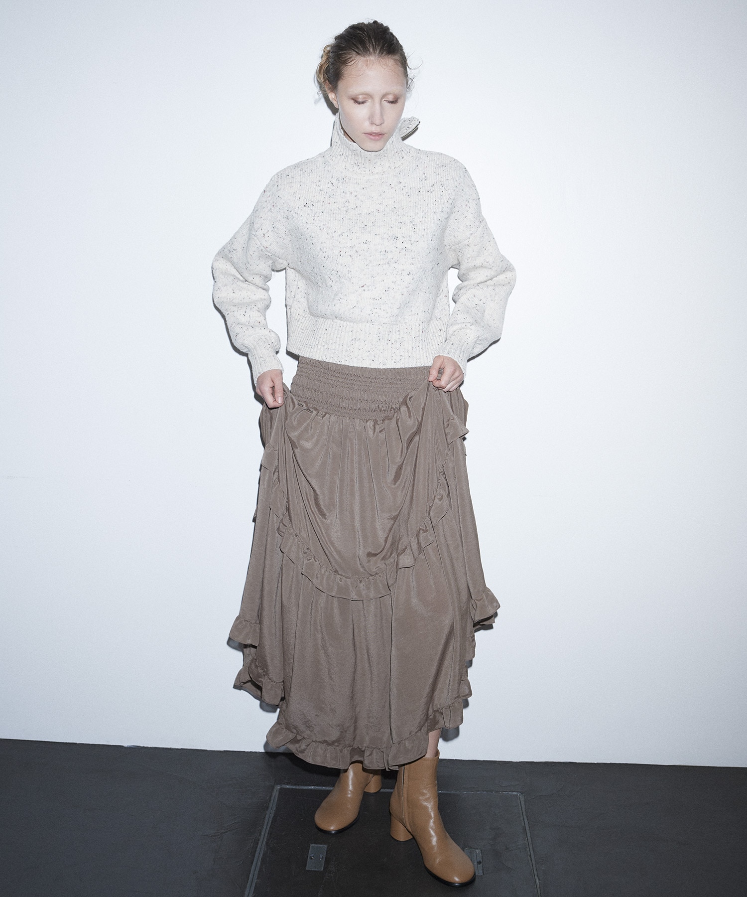 shirring tiered gom long skirt