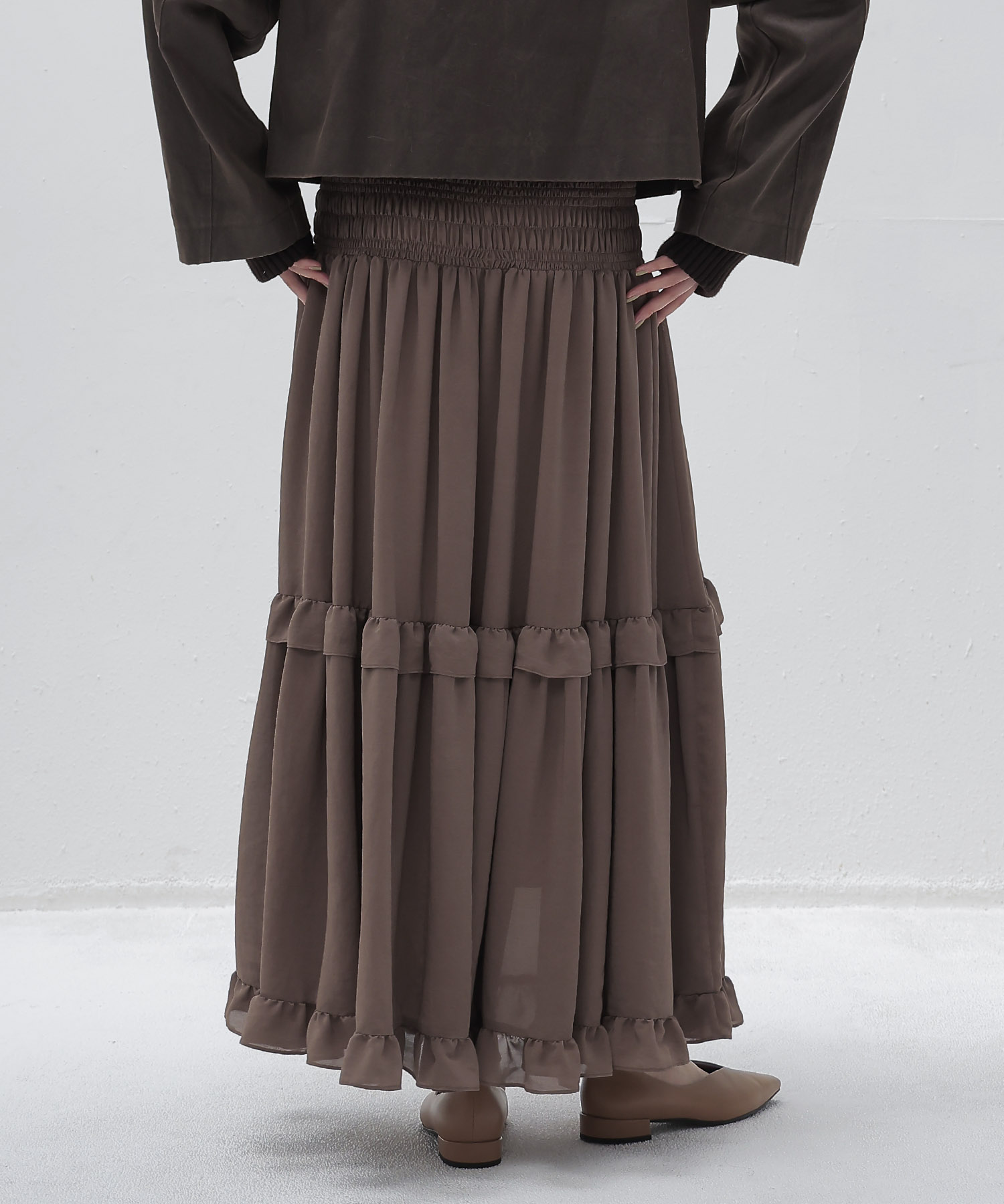 shirring tiered gom long skirt