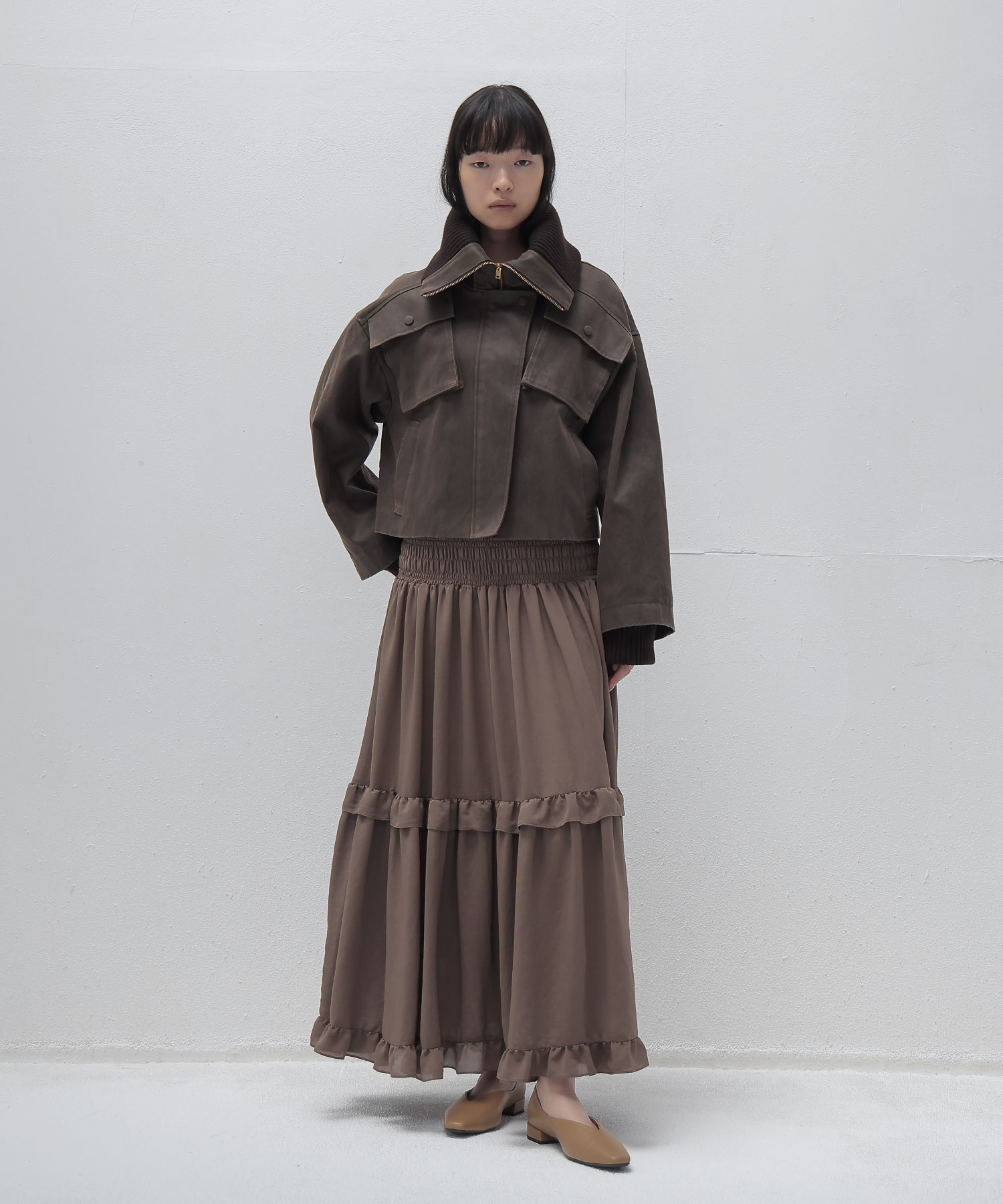shirring tiered gom long skirt