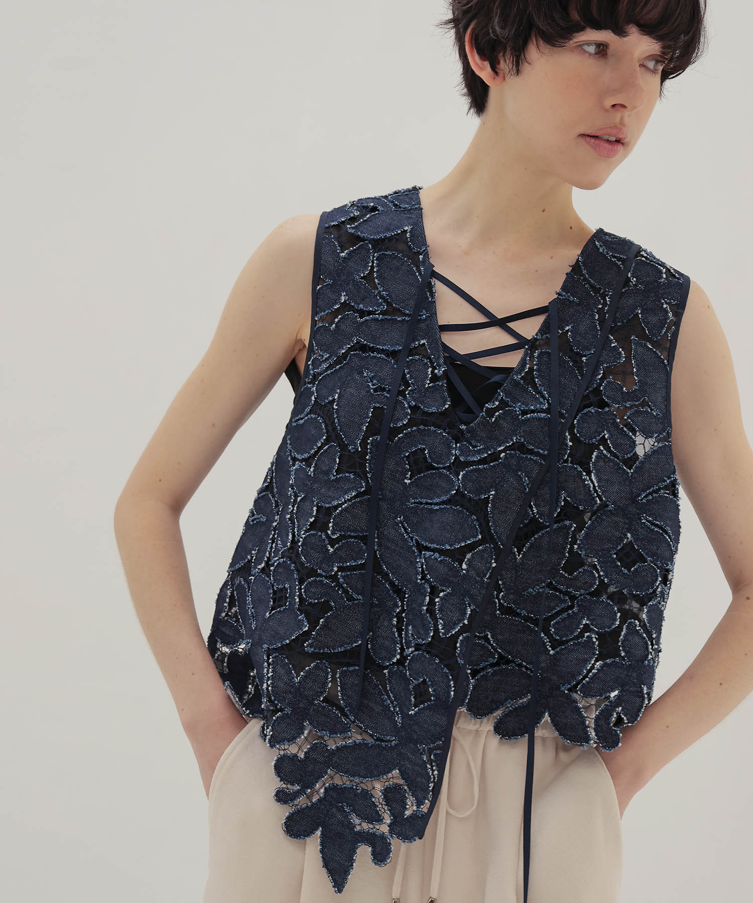 flower denim lace irregular blouse