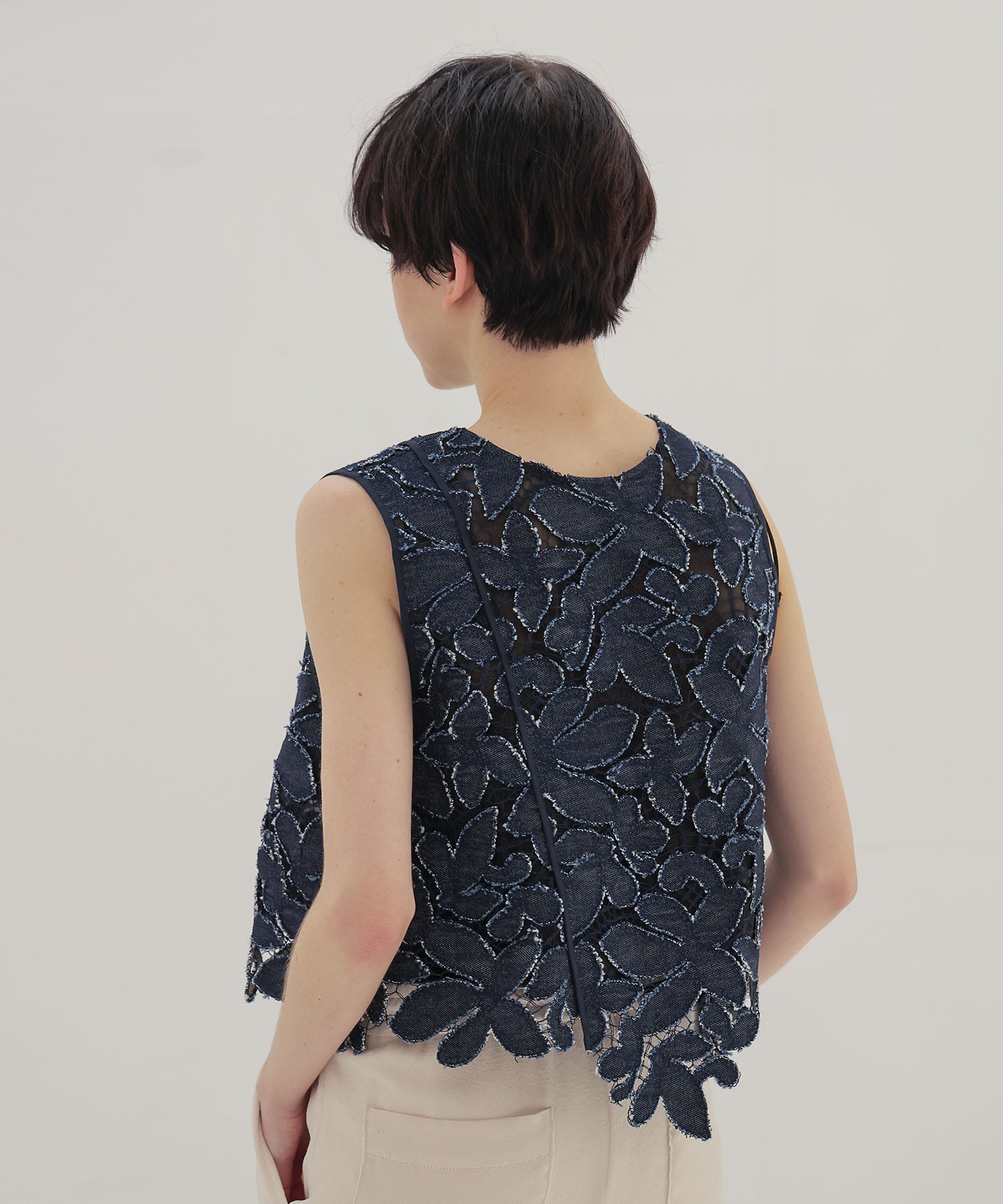 flower denim lace irregular blouse