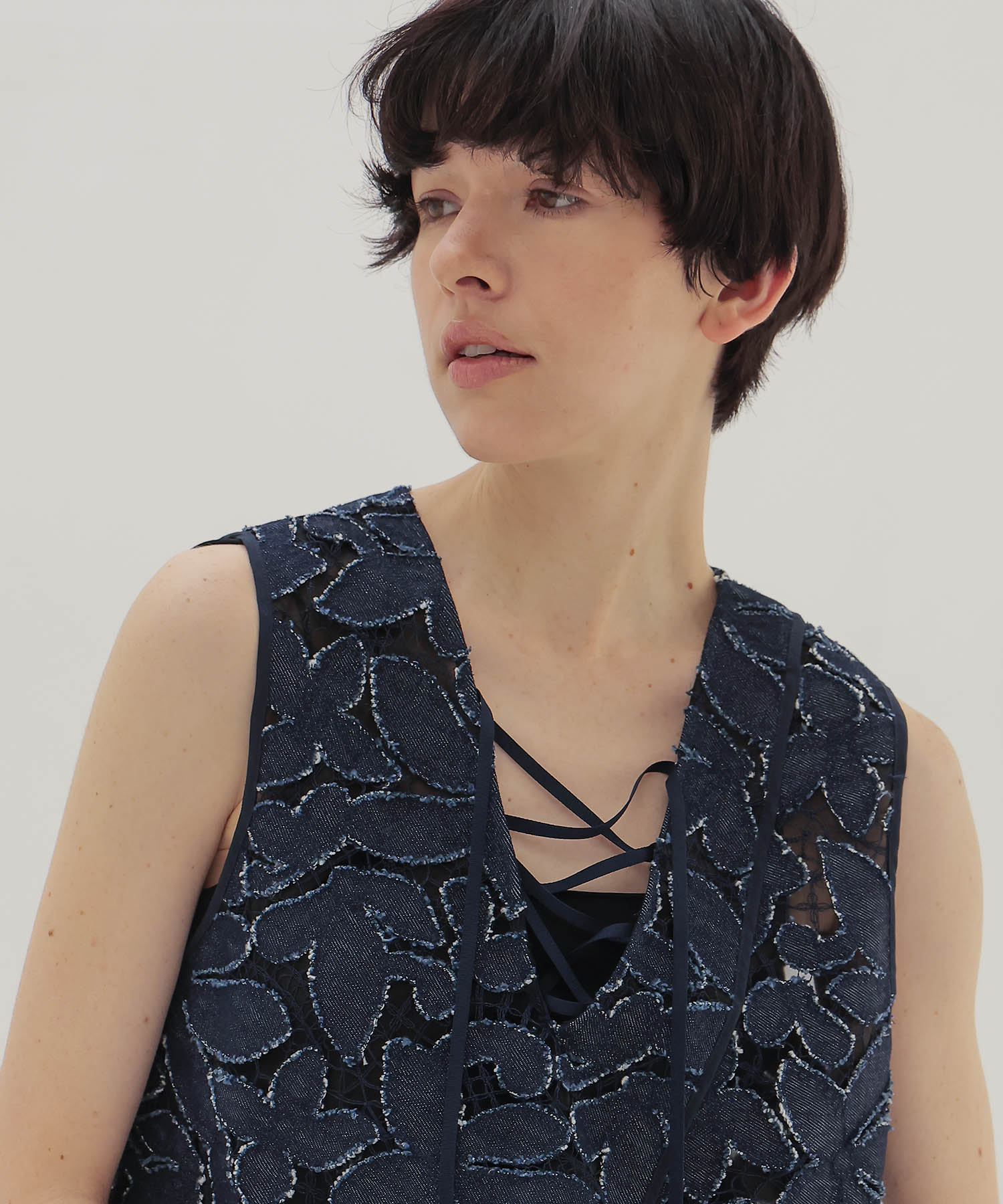 flower denim lace irregular blouse