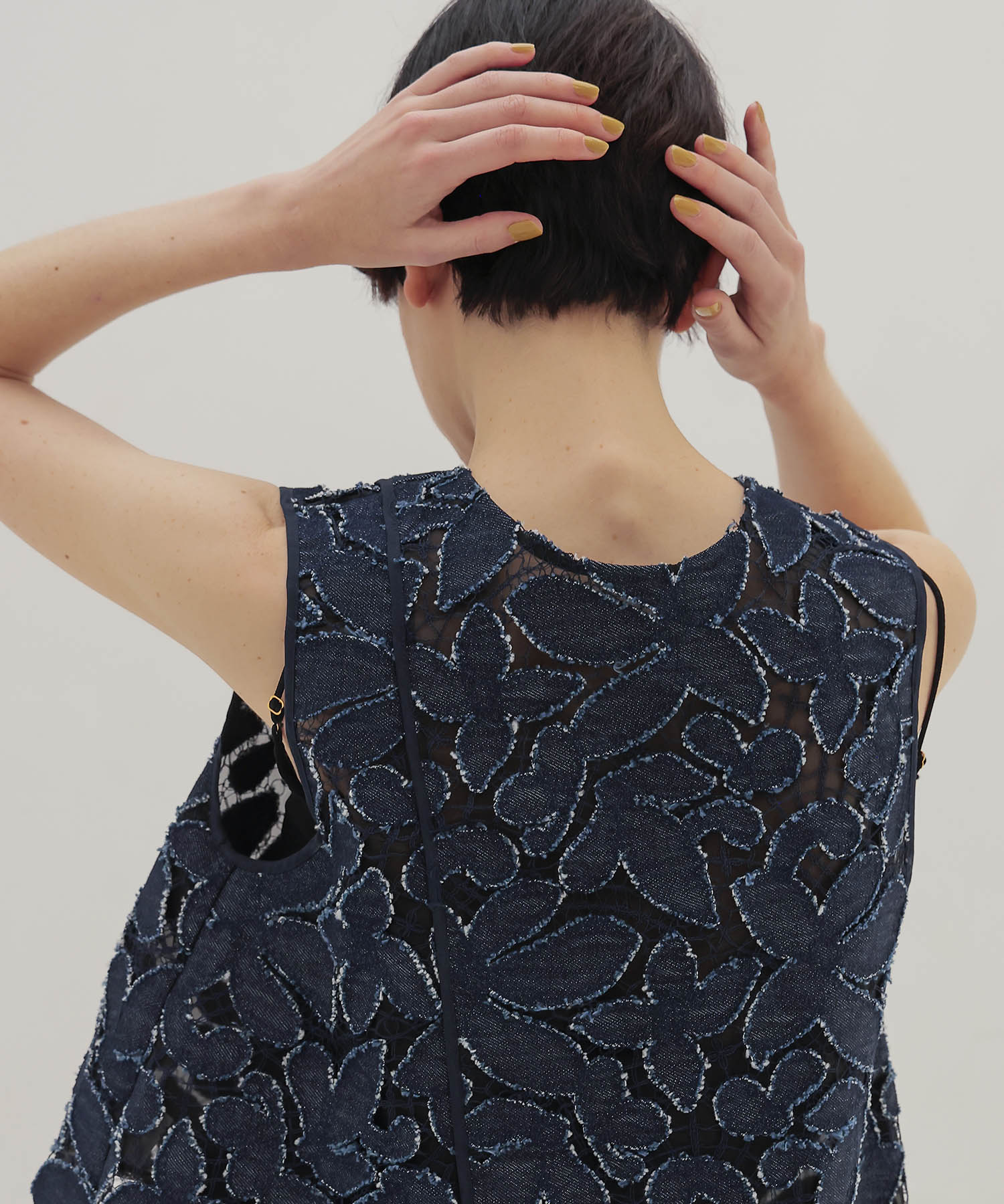 flower denim lace irregular blouse