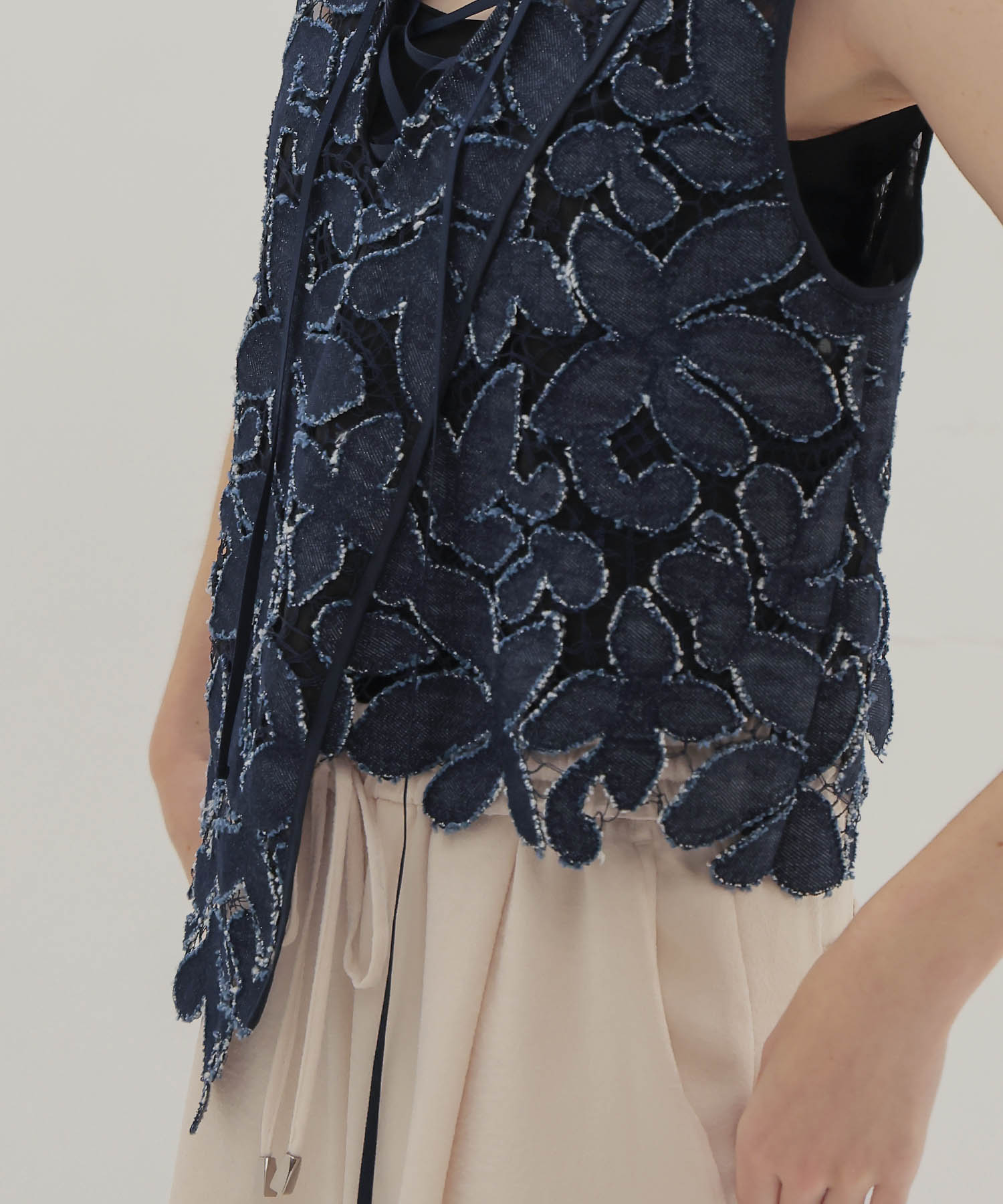 flower denim lace irregular blouse