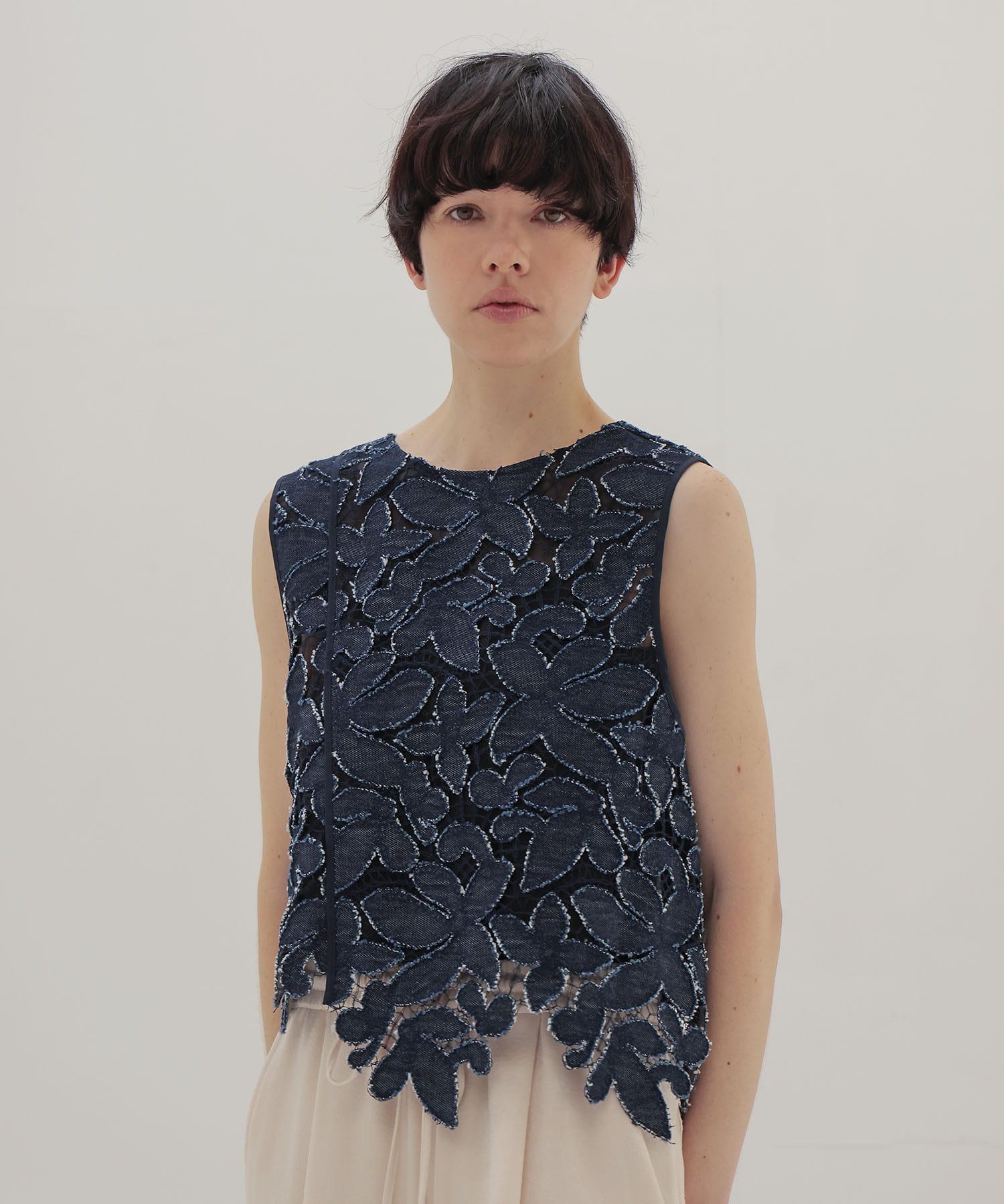 flower denim lace irregular blouse