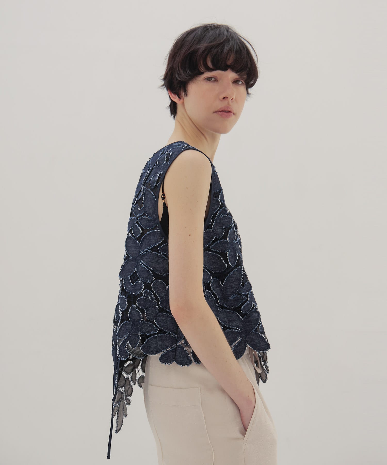 flower denim lace irregular blouse