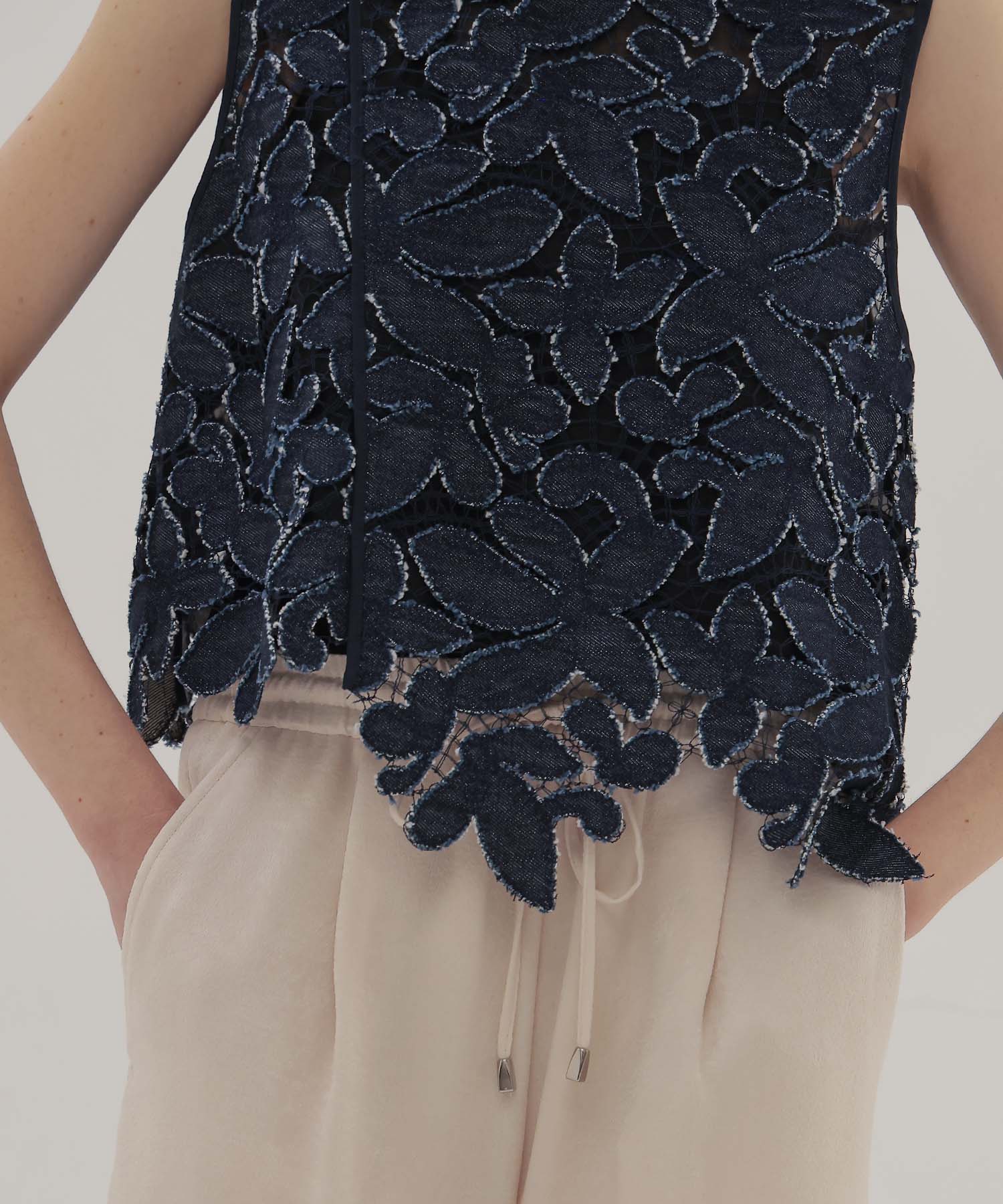 flower denim lace irregular blouse