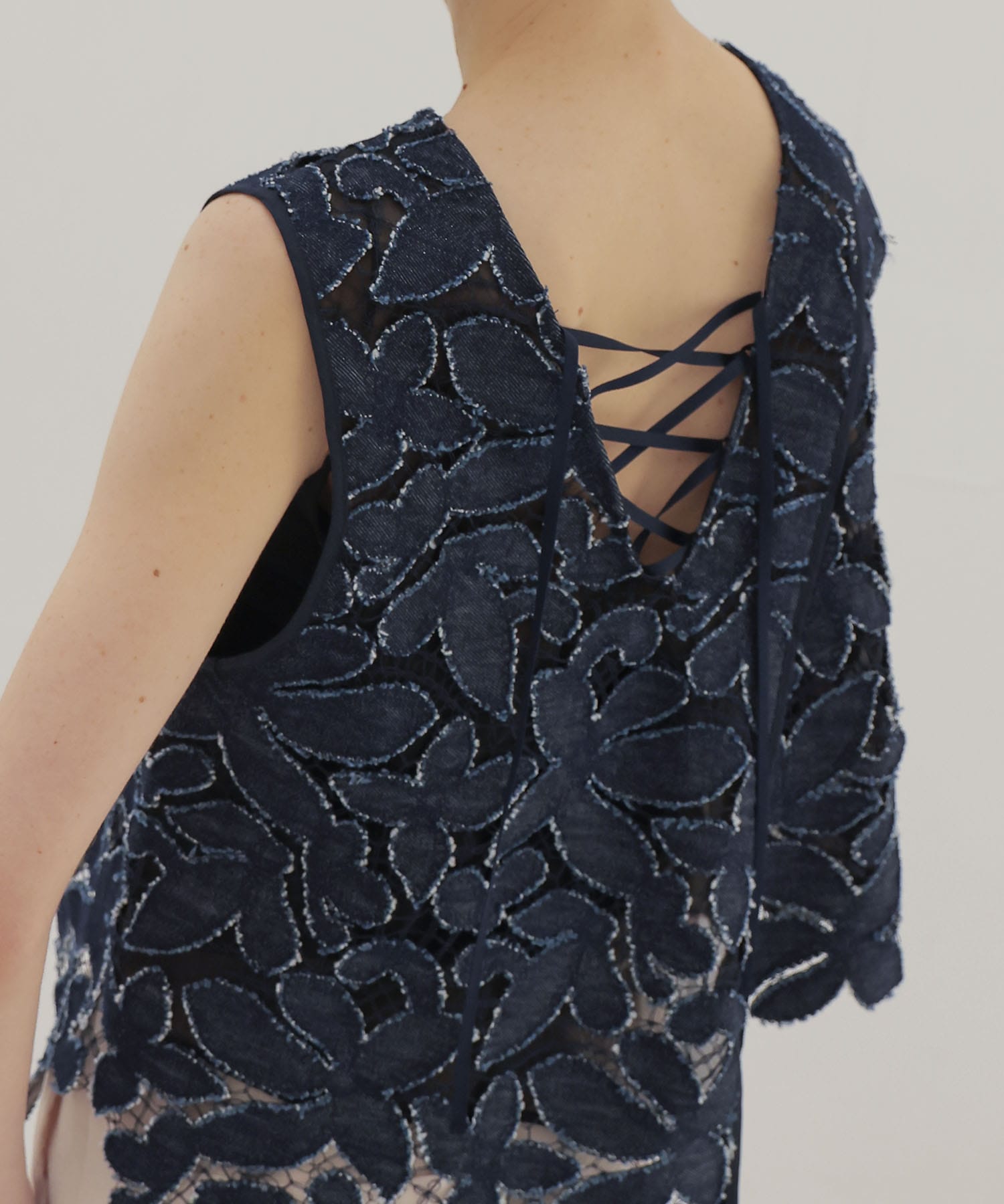 flower denim lace irregular blouse