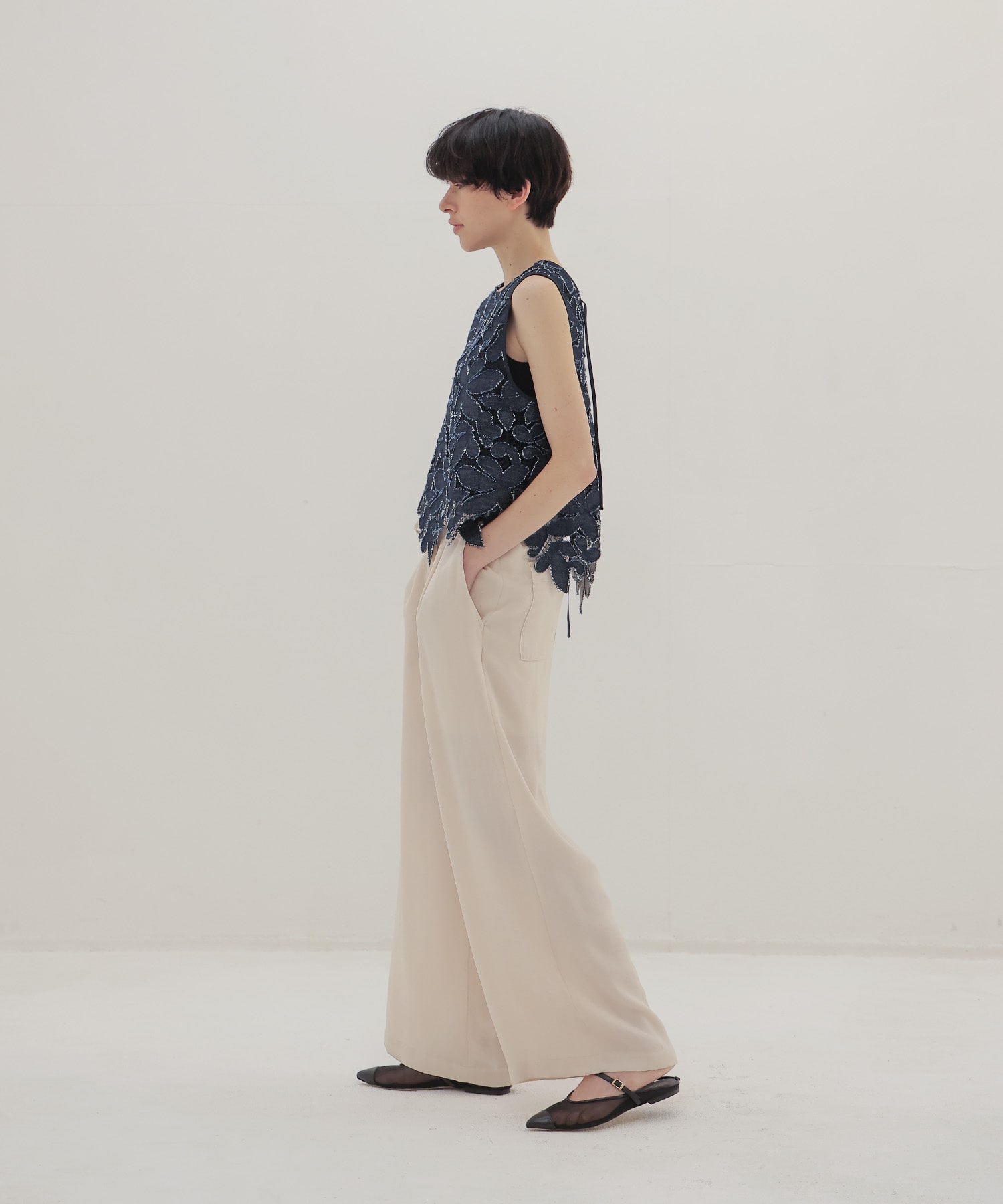 flower denim lace irregular blouse