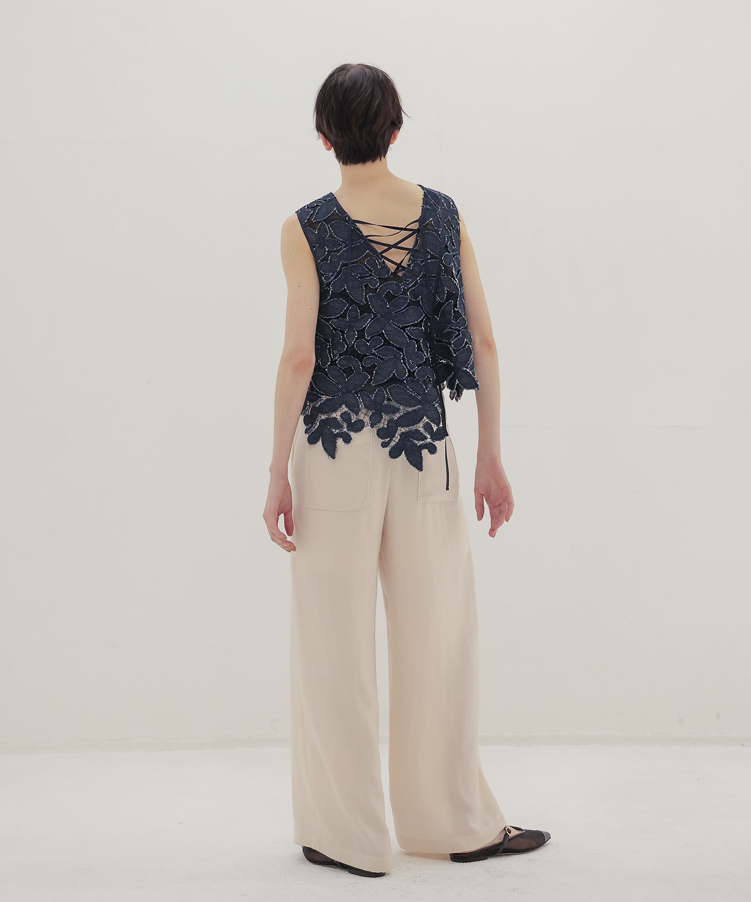 flower denim lace irregular blouse