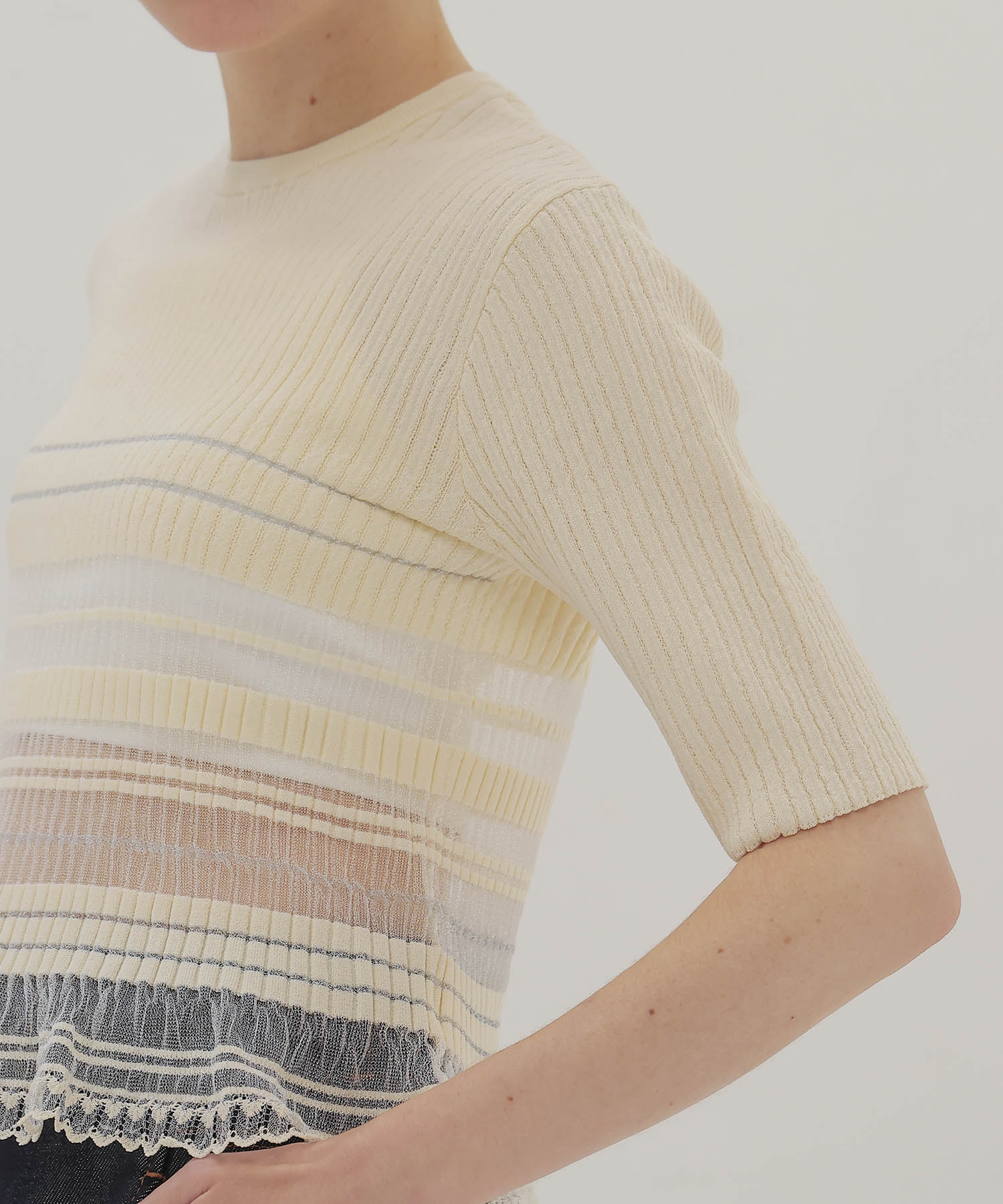 sheer shadow border half sleeve pullover