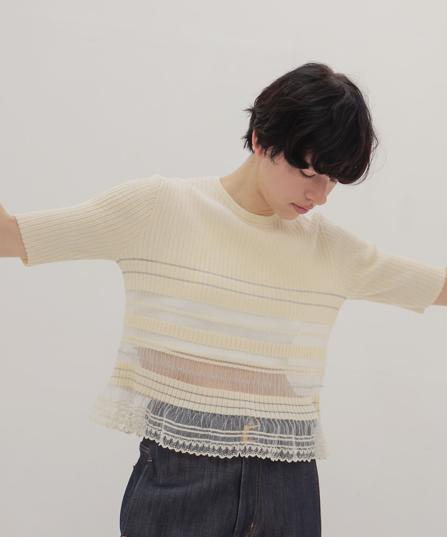 sheer shadow border half sleeve pullover