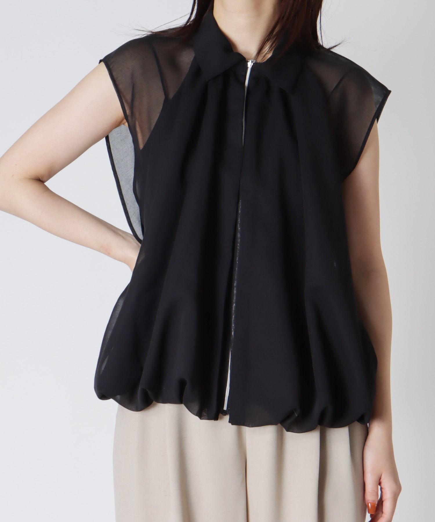 sheer balloon sleeveless zip blouse