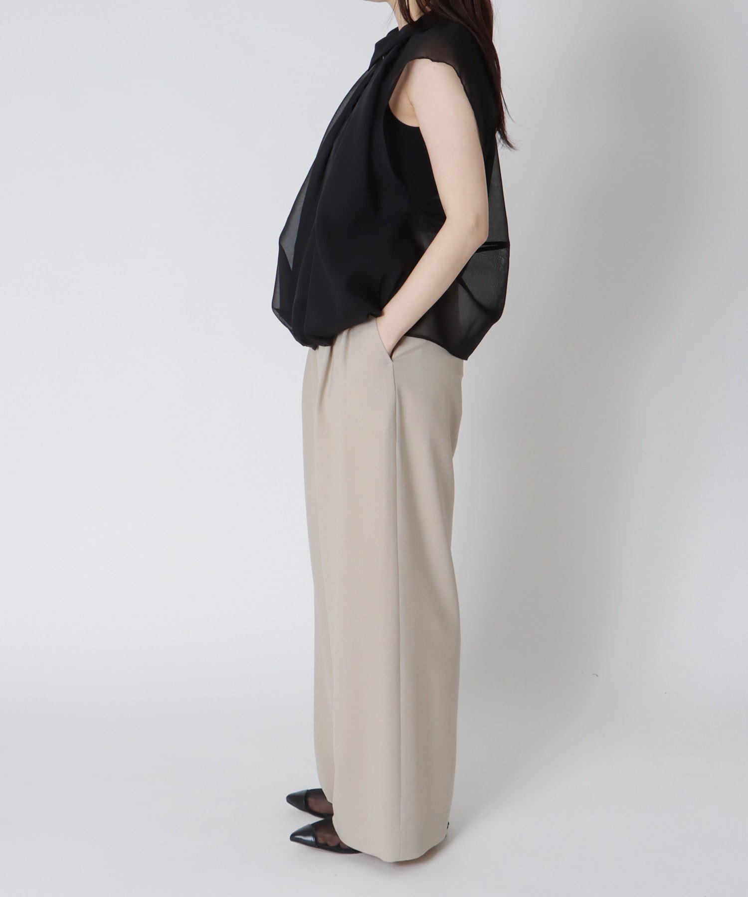 sheer balloon sleeveless zip blouse