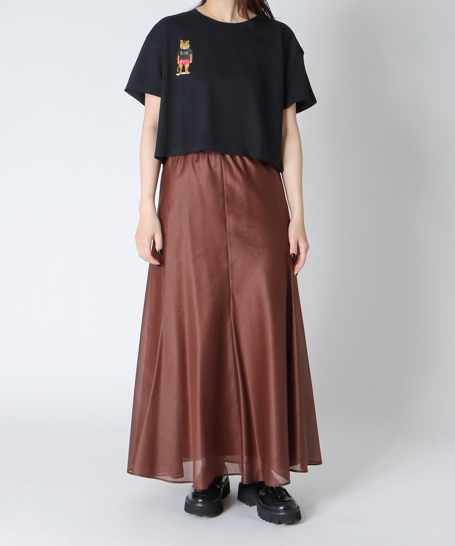 sheer stripe panel flare skirt