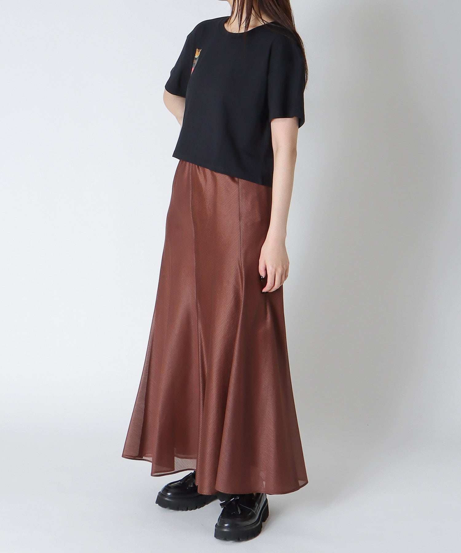 sheer stripe panel flare skirt
