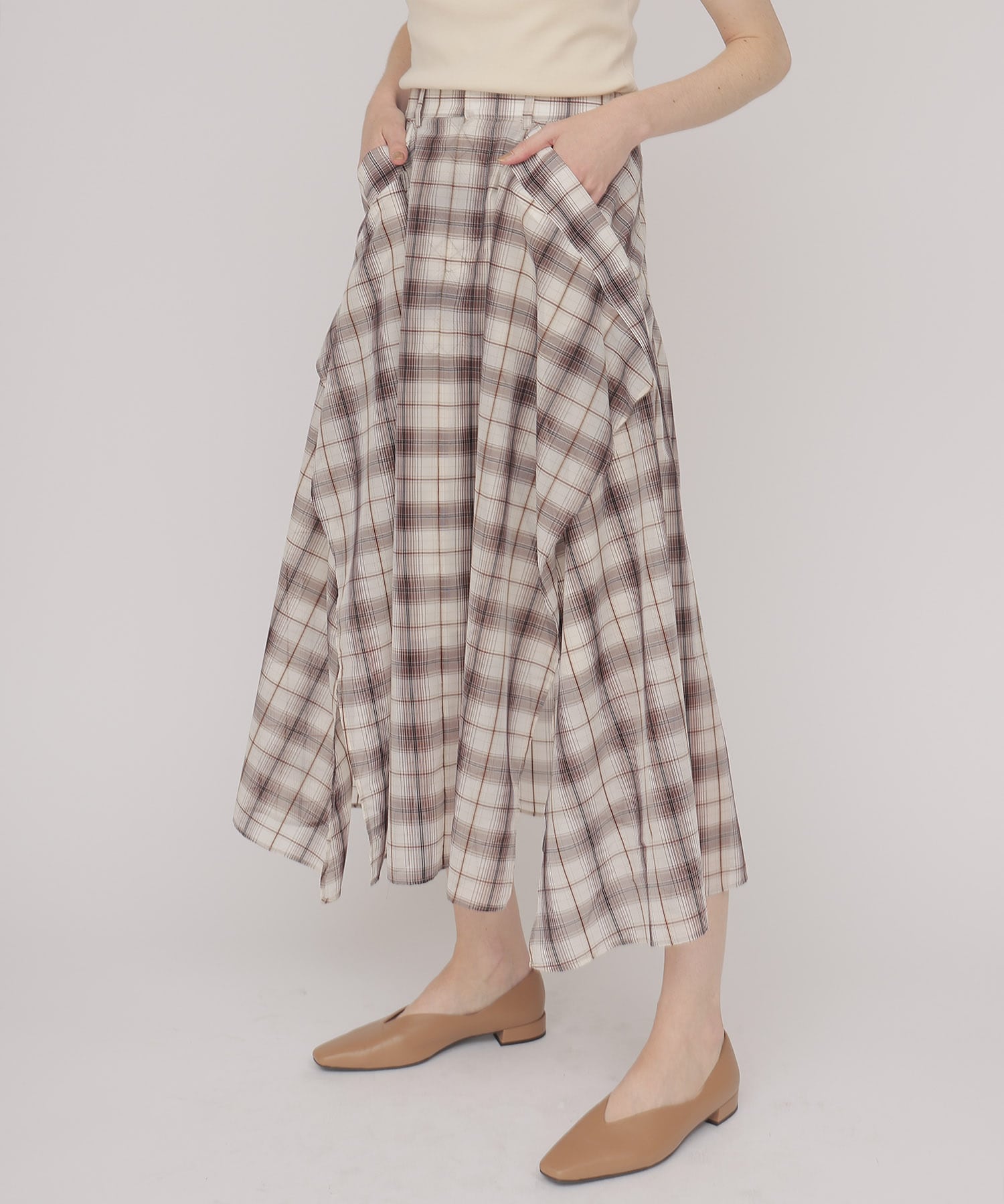 sheer check irregular hem skirt