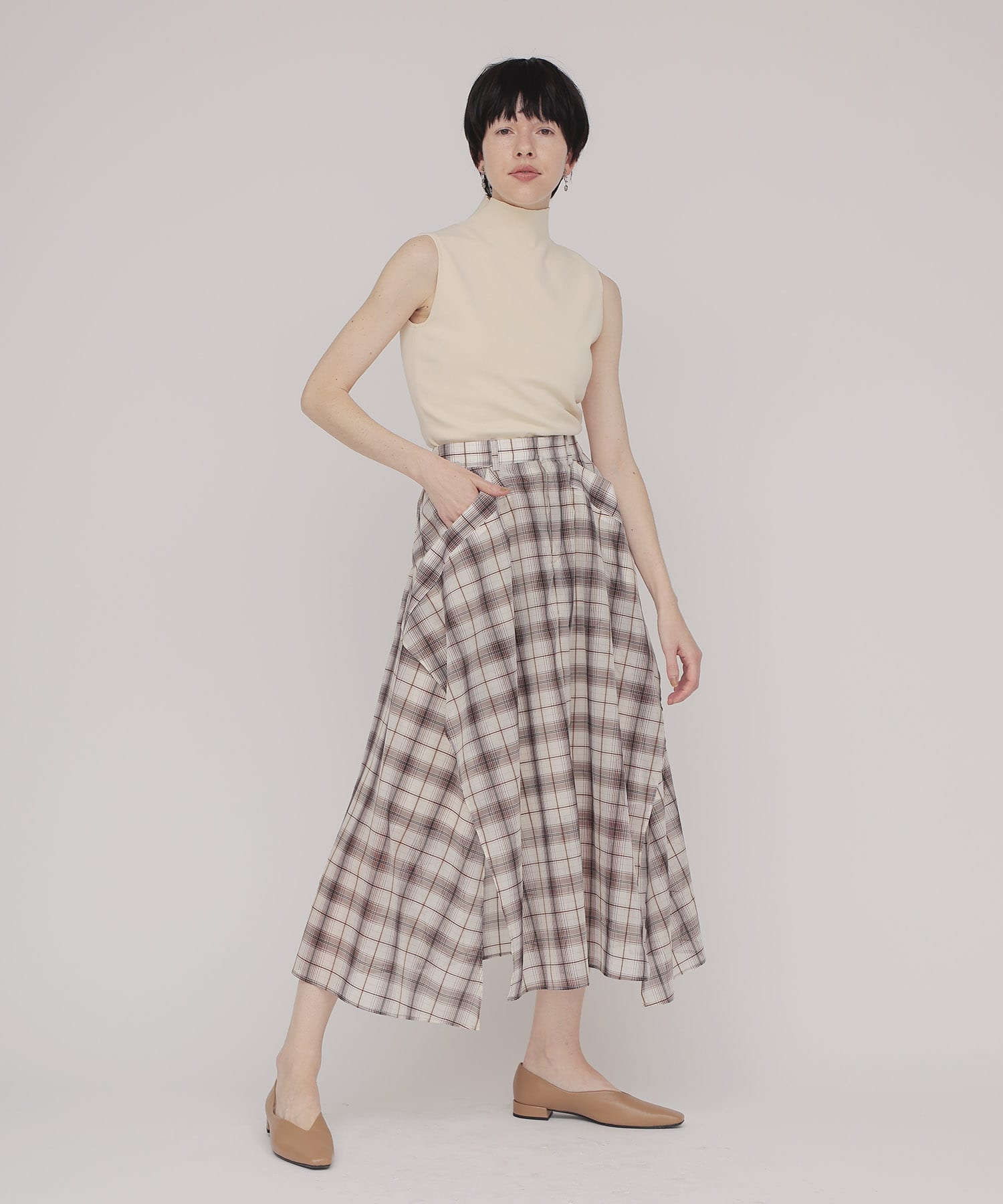sheer check irregular hem skirt