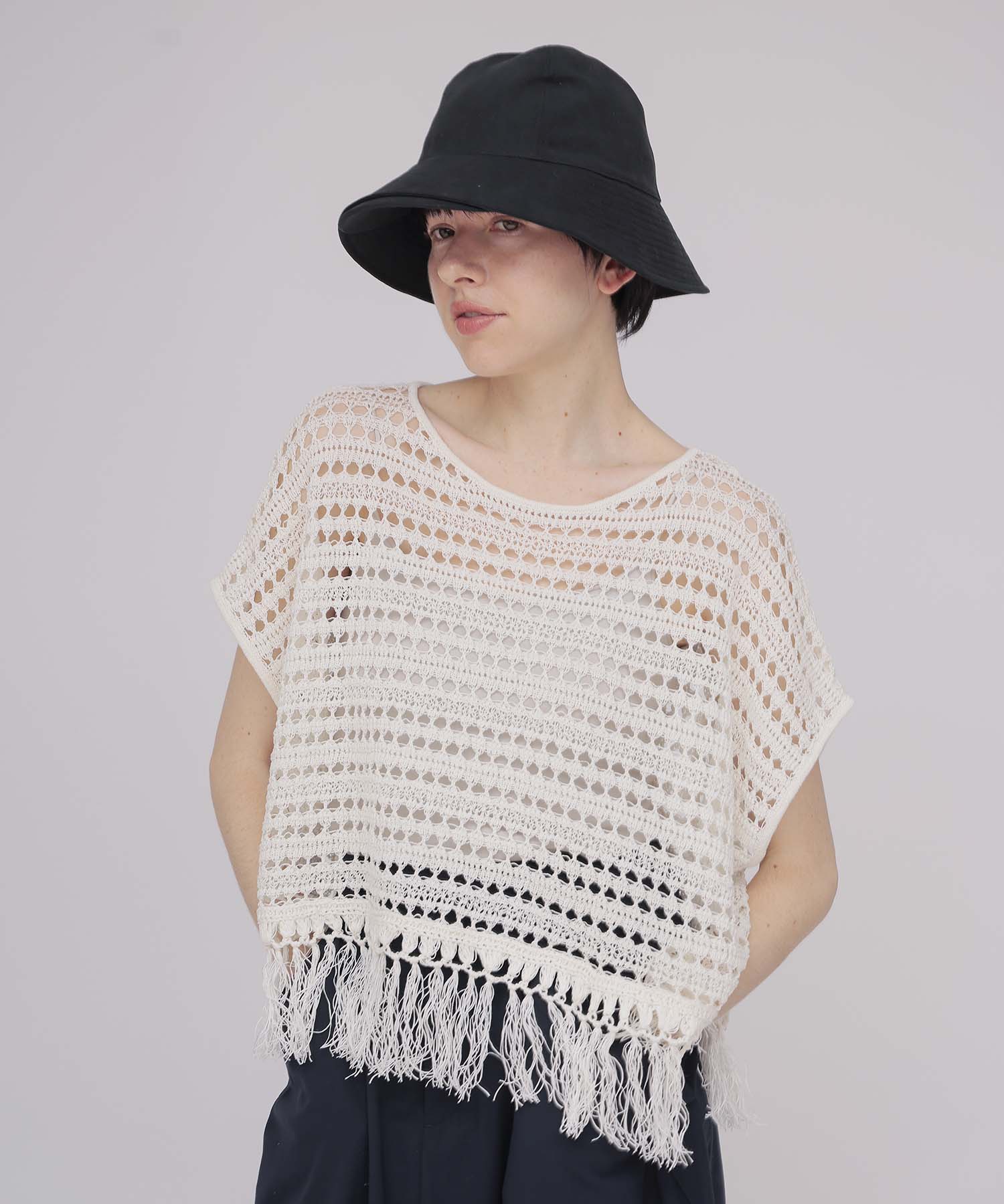 eyelet fringe knit pullover