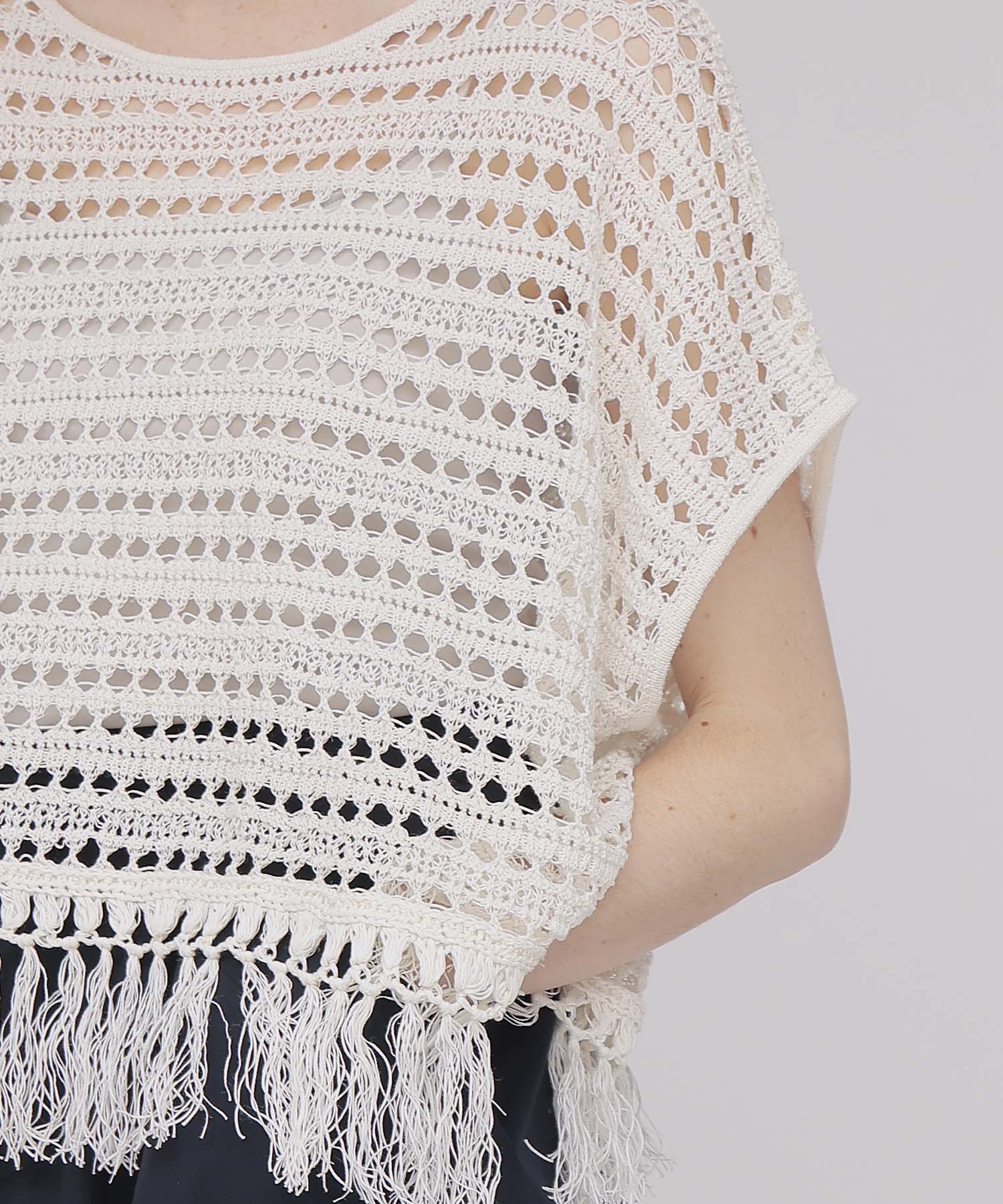 eyelet fringe knit pullover