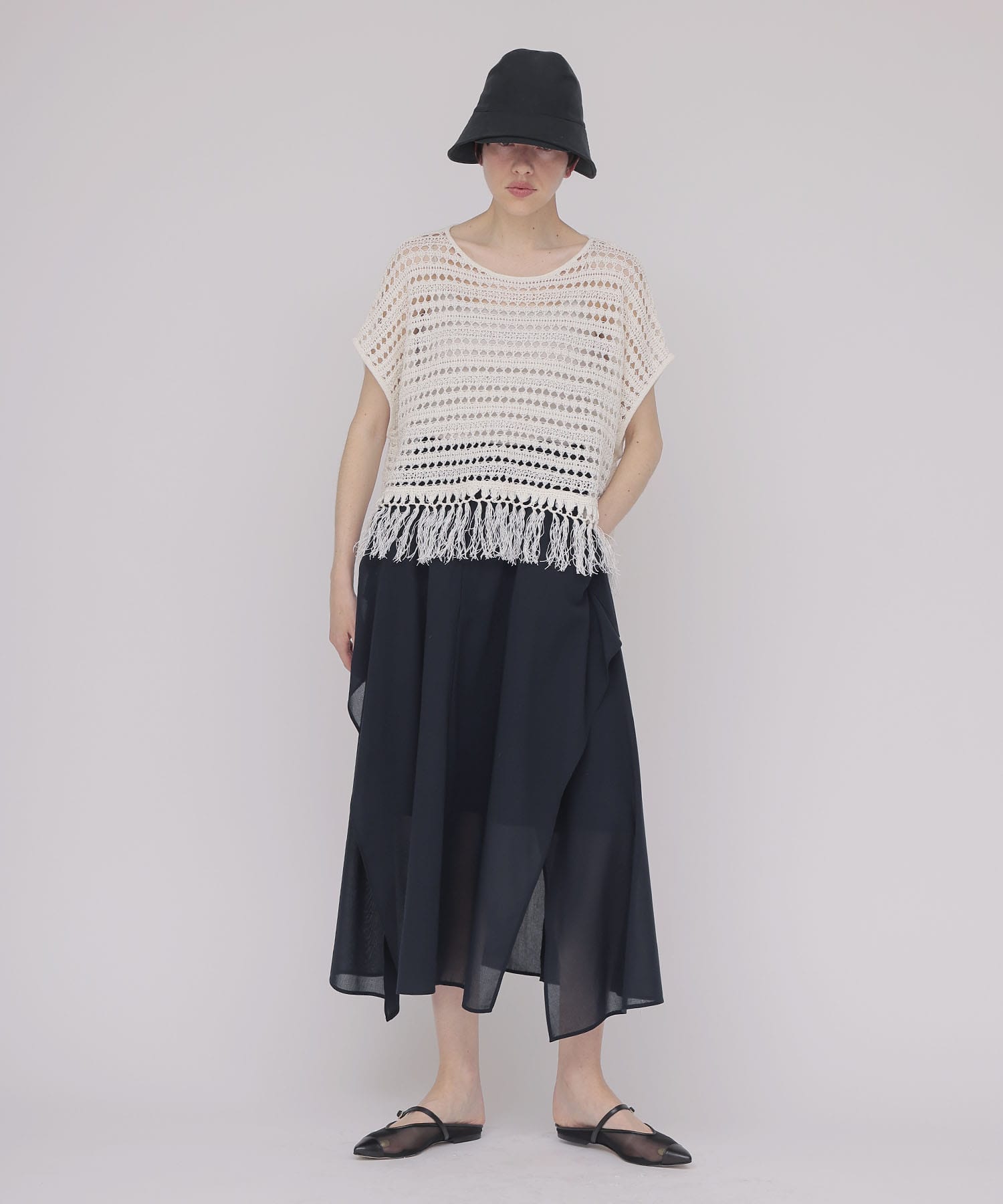 eyelet fringe knit pullover