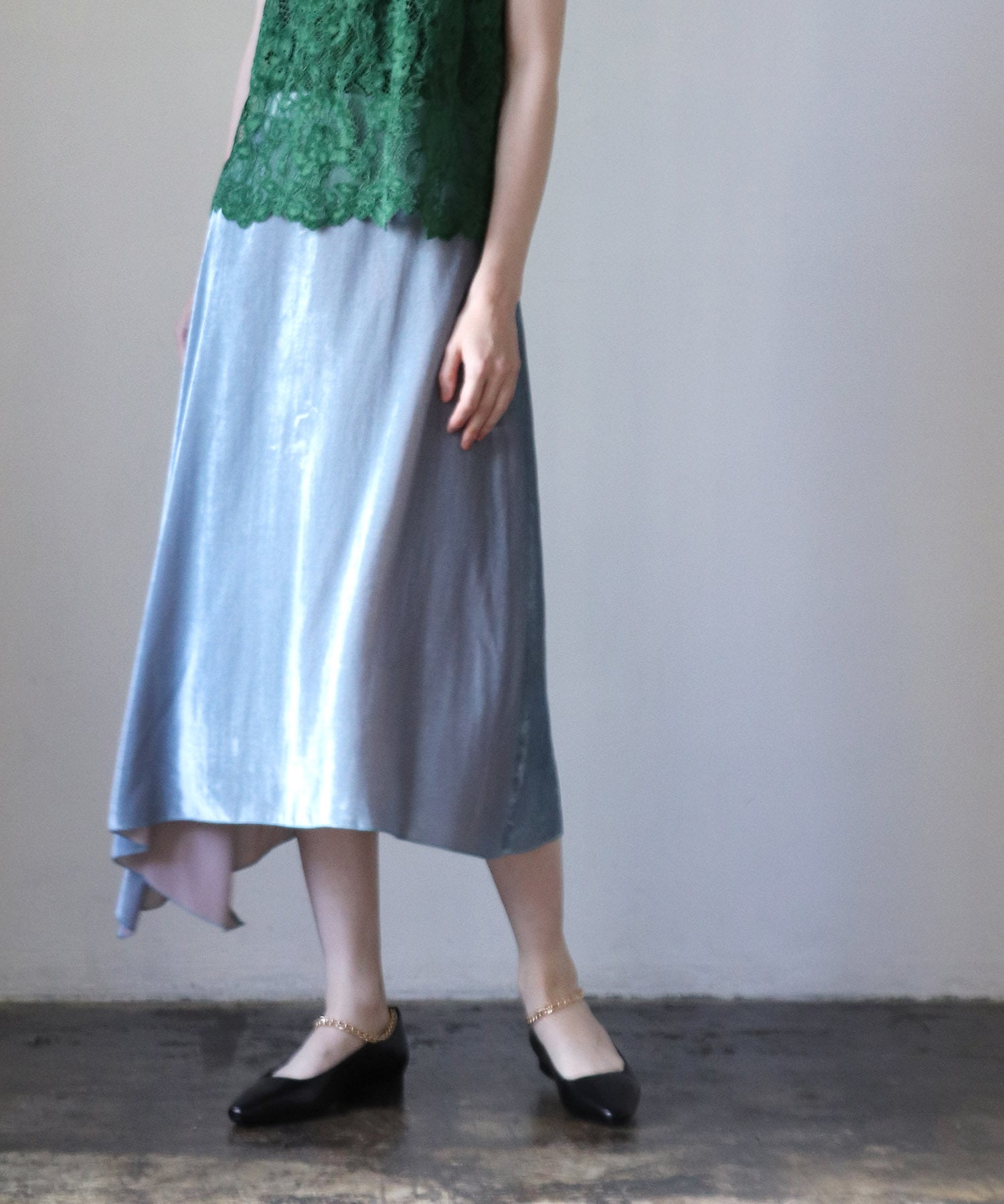 velvet chambray color midi skirt