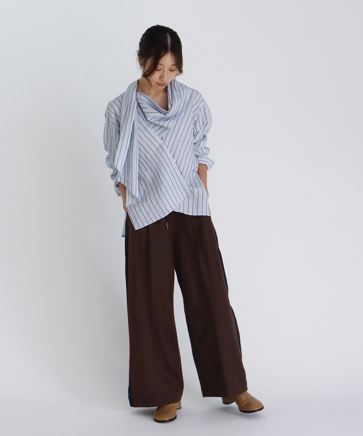 chenille stripe bow blouse