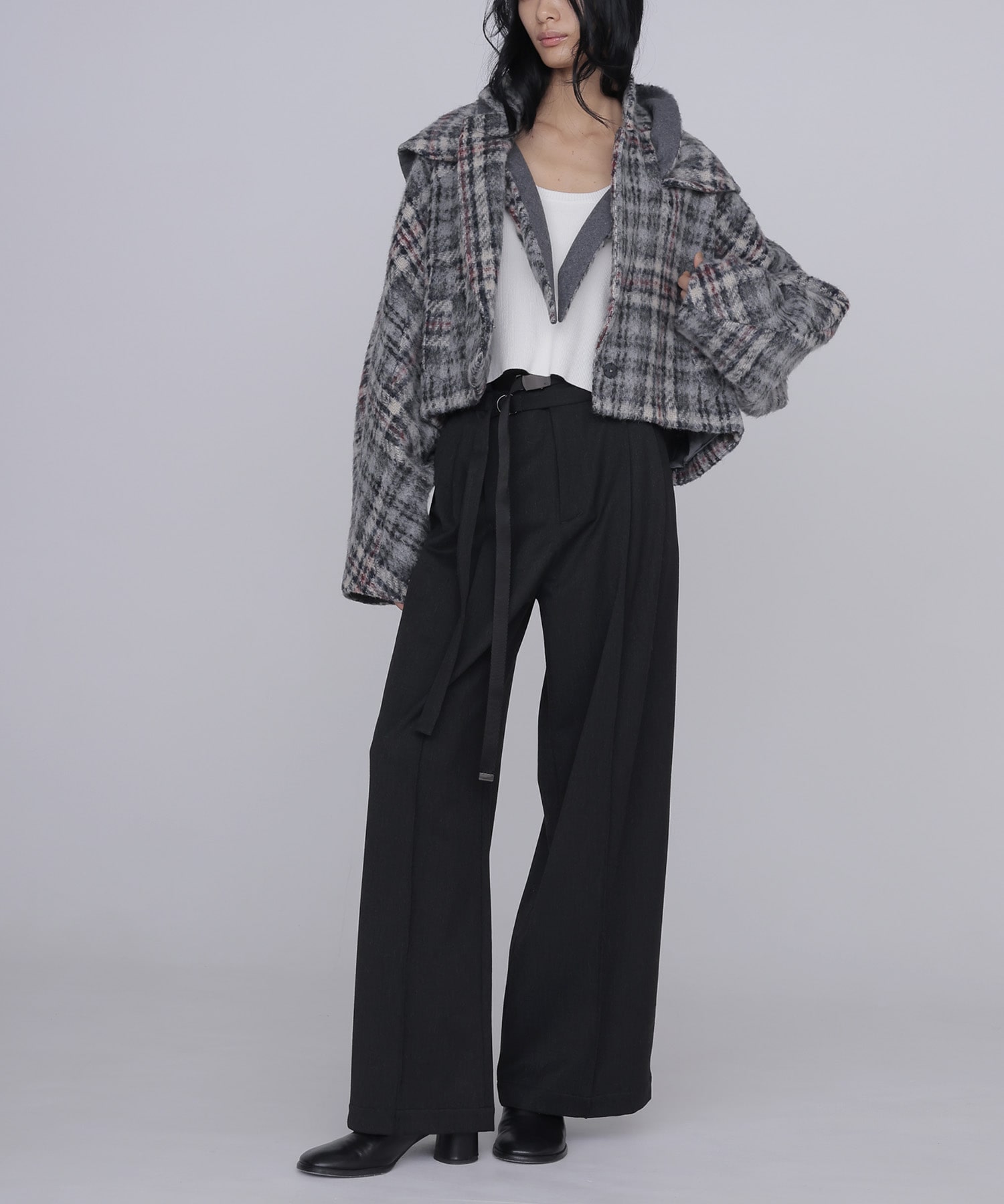 check shaggy scarf jacket