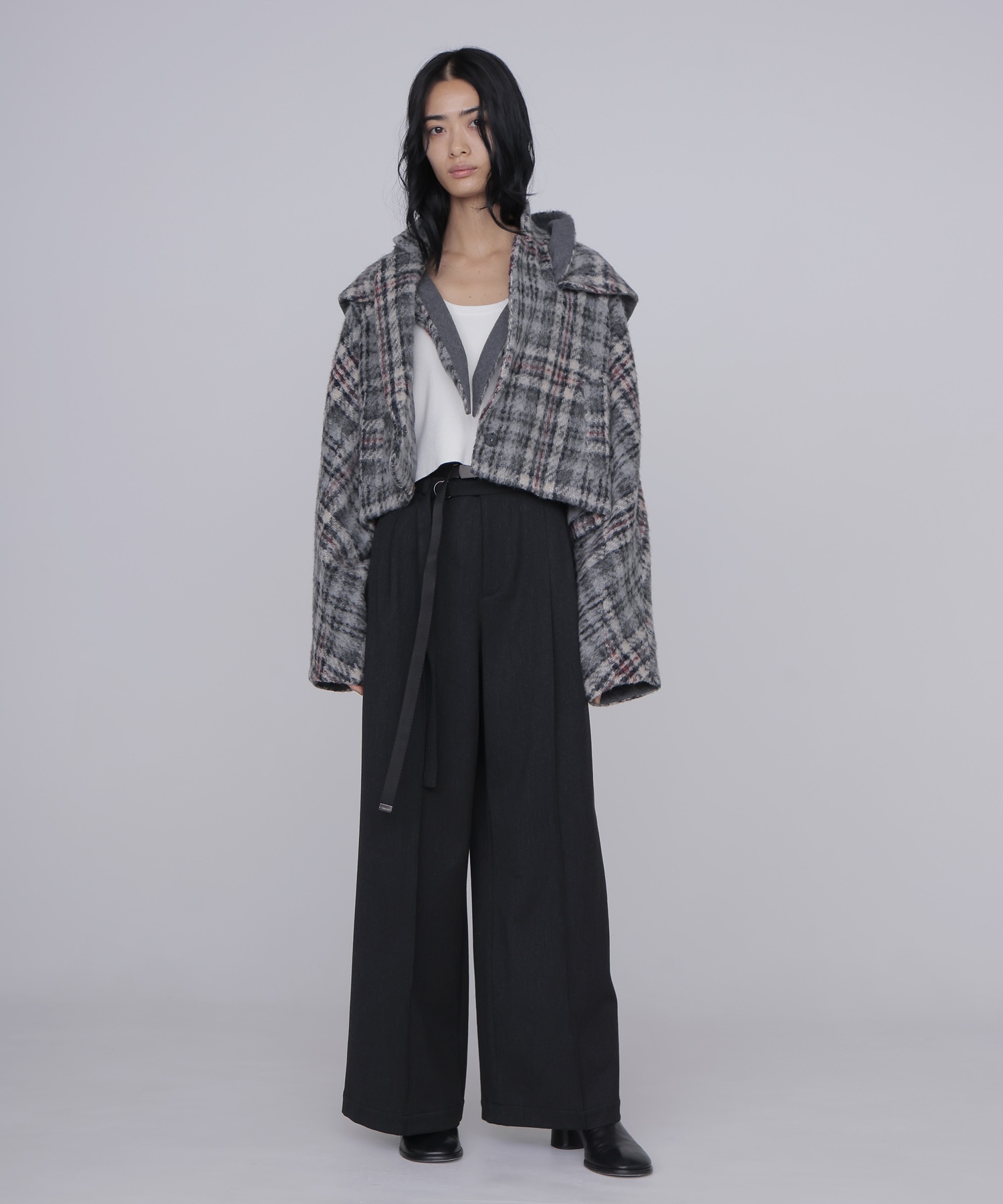 check shaggy scarf jacket