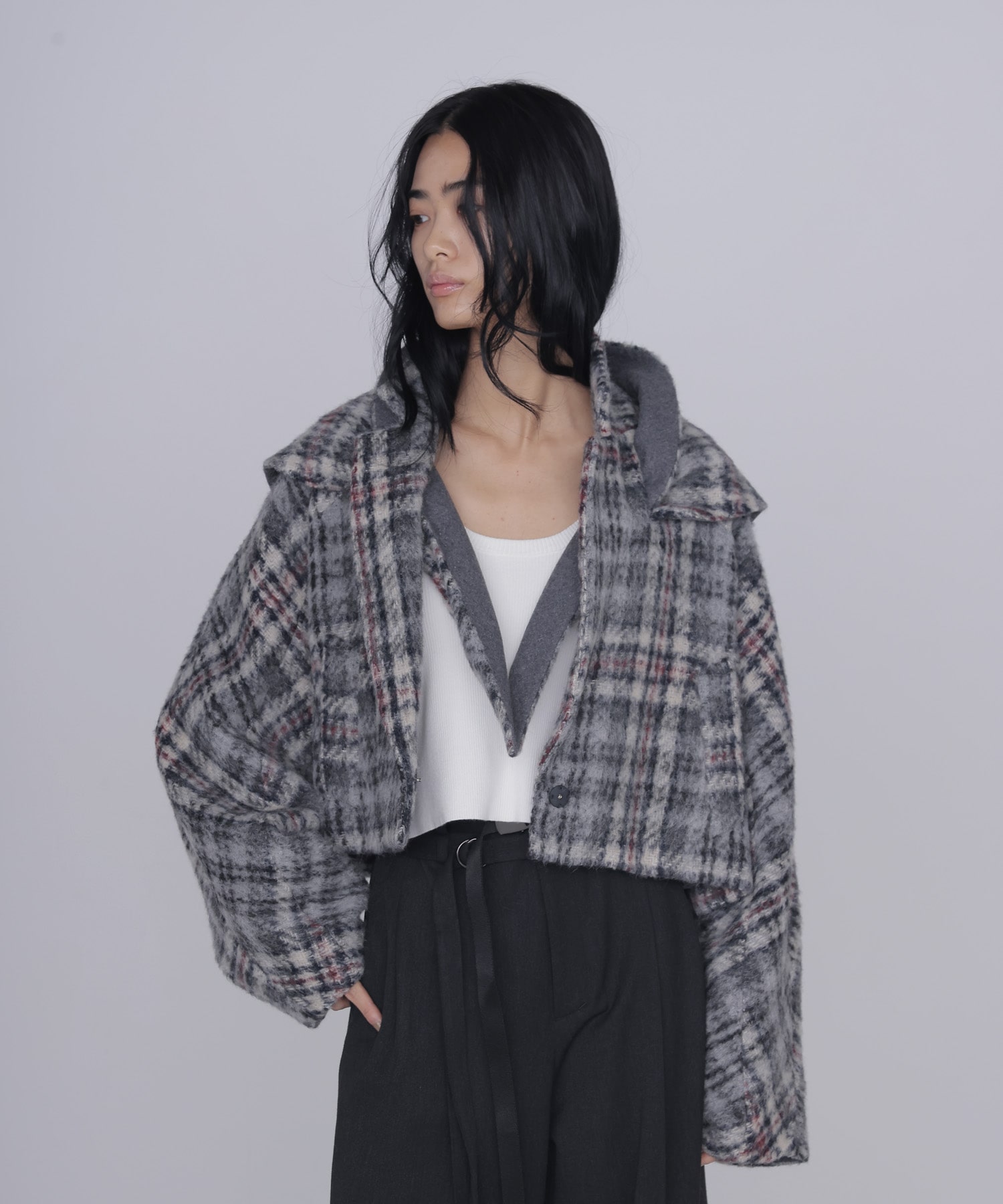 check shaggy scarf jacket