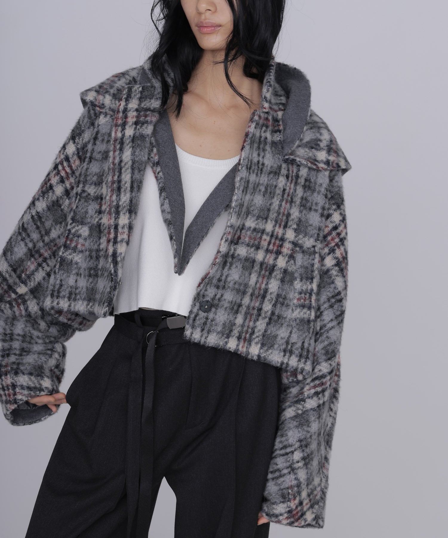 check shaggy scarf jacket