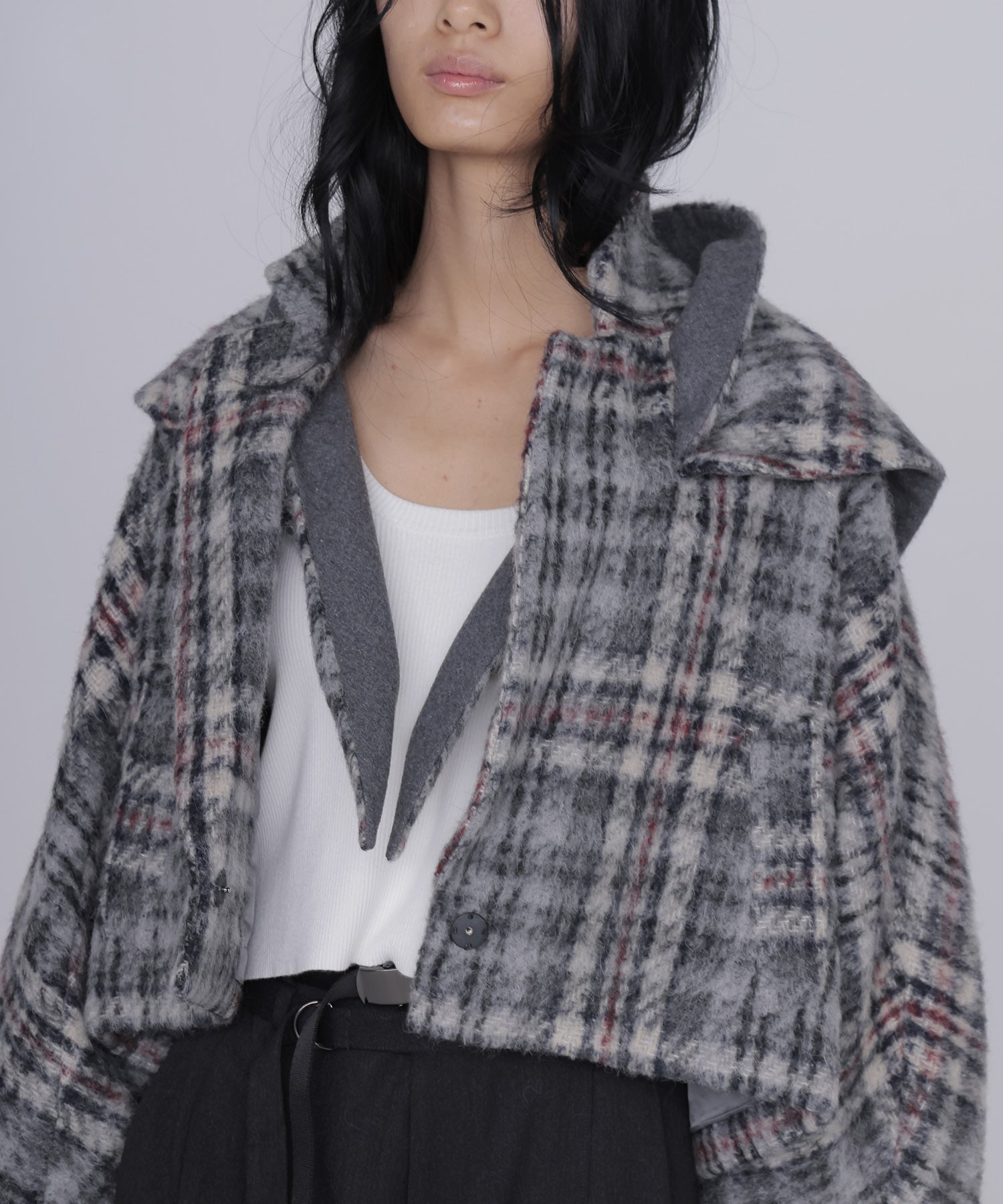 check shaggy scarf jacket