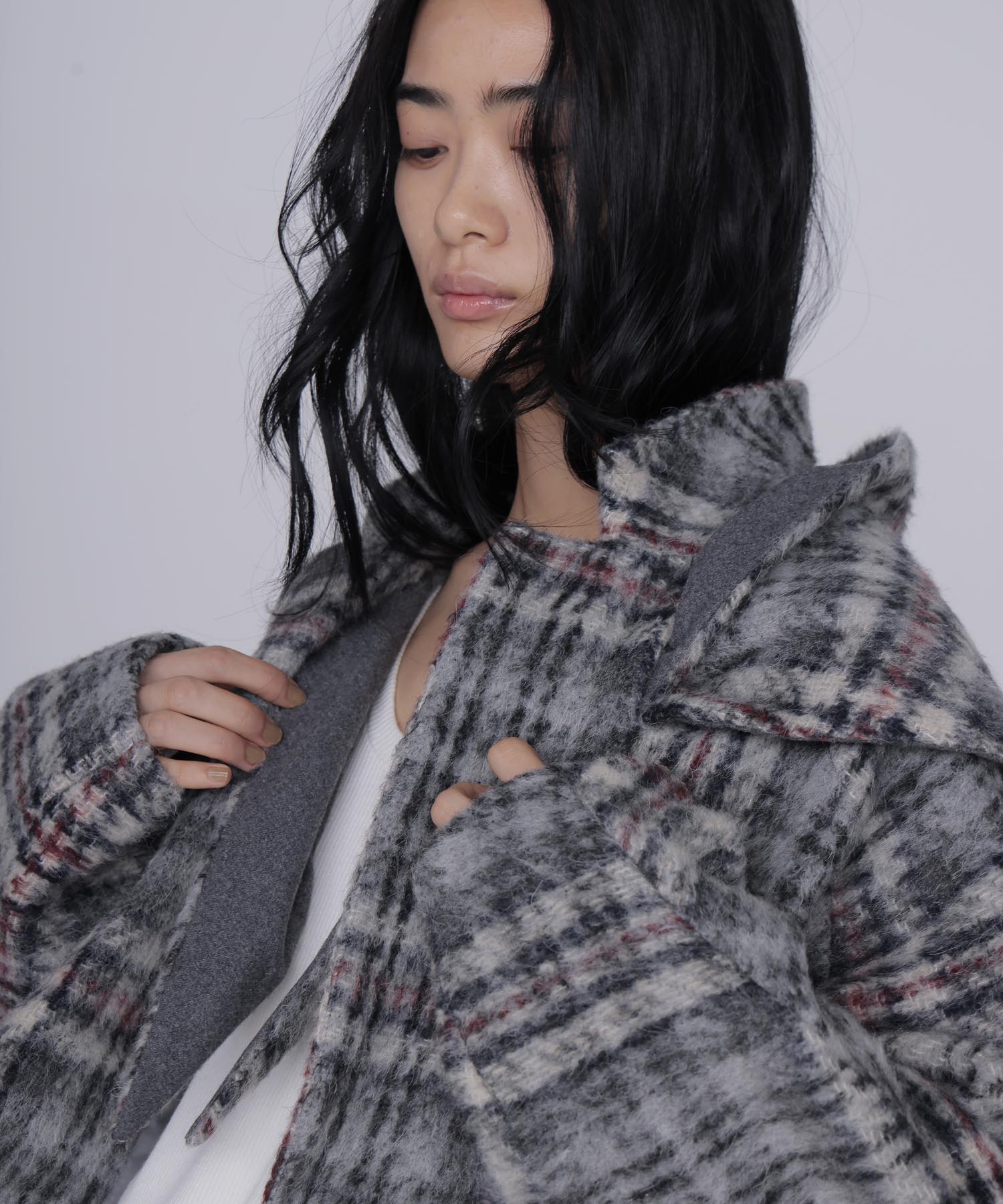 check shaggy scarf jacket