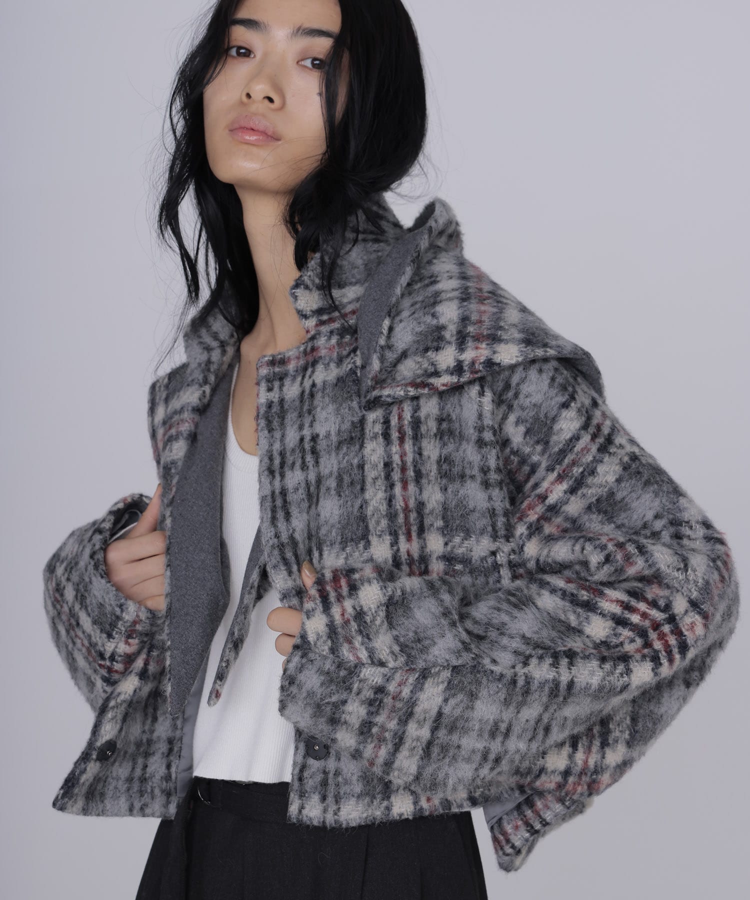 check shaggy scarf jacket