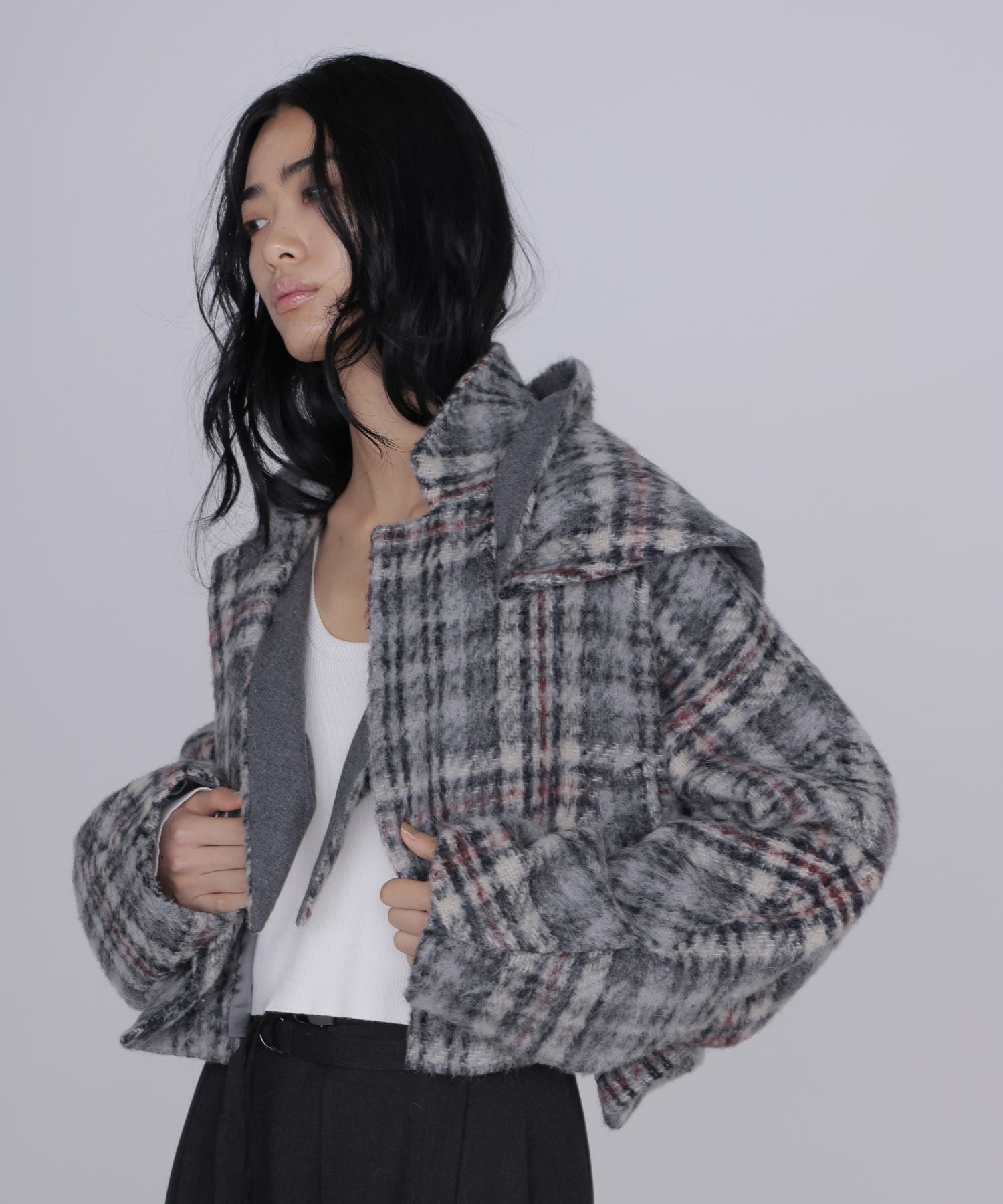 check shaggy scarf jacket