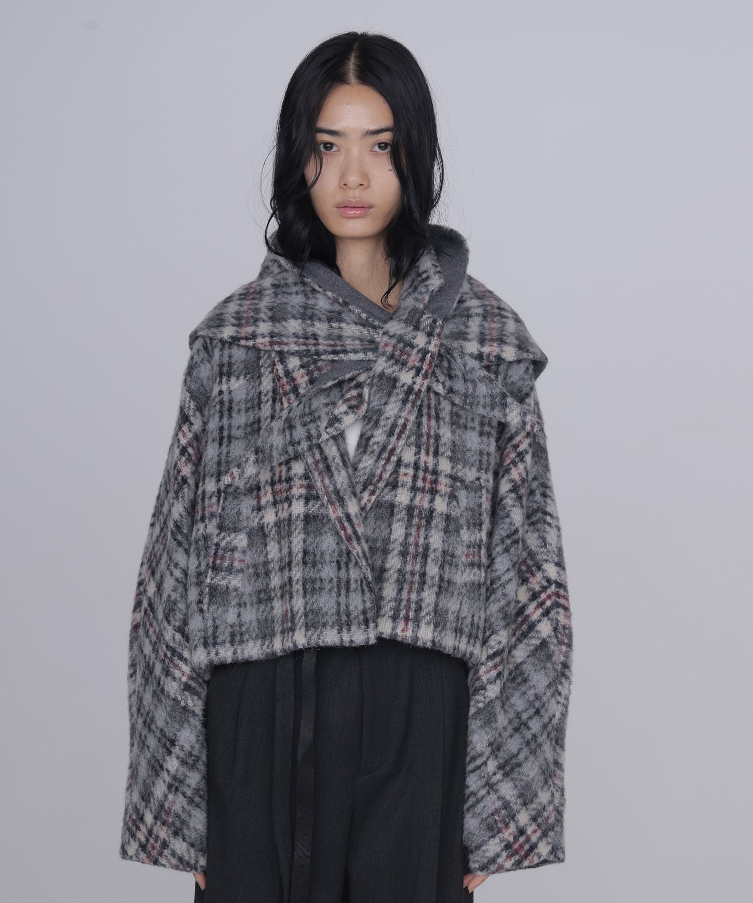 check shaggy scarf jacket