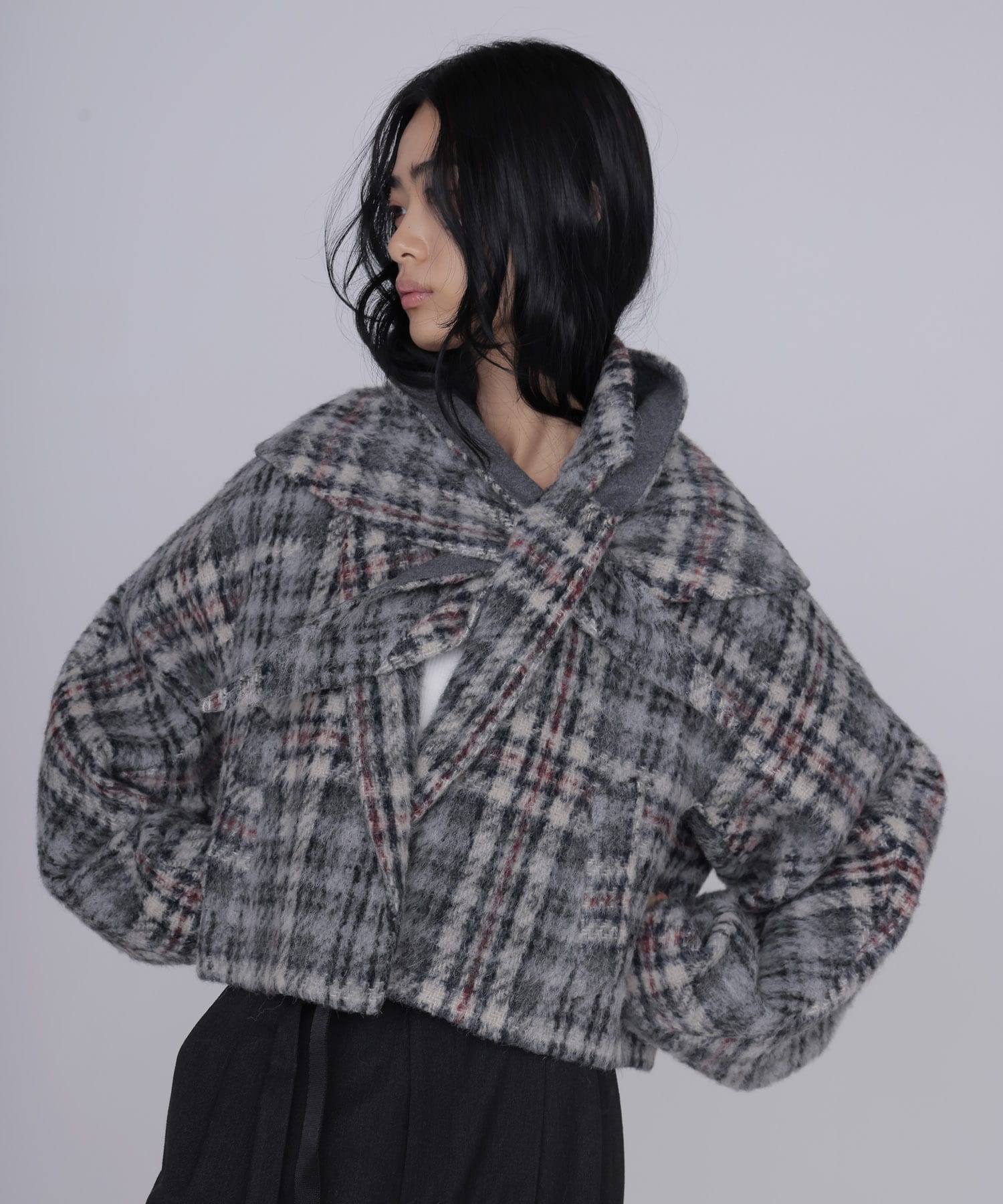 check shaggy scarf jacket