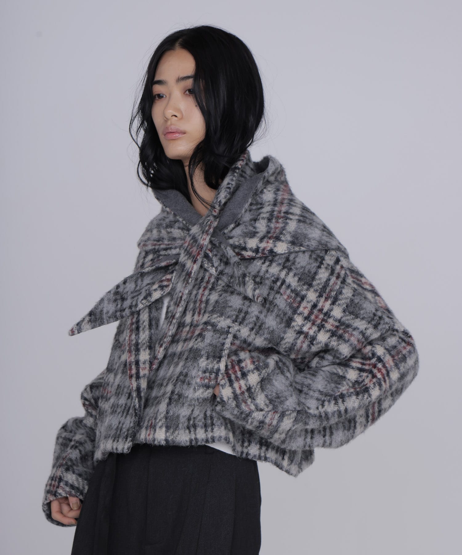 check shaggy scarf jacket