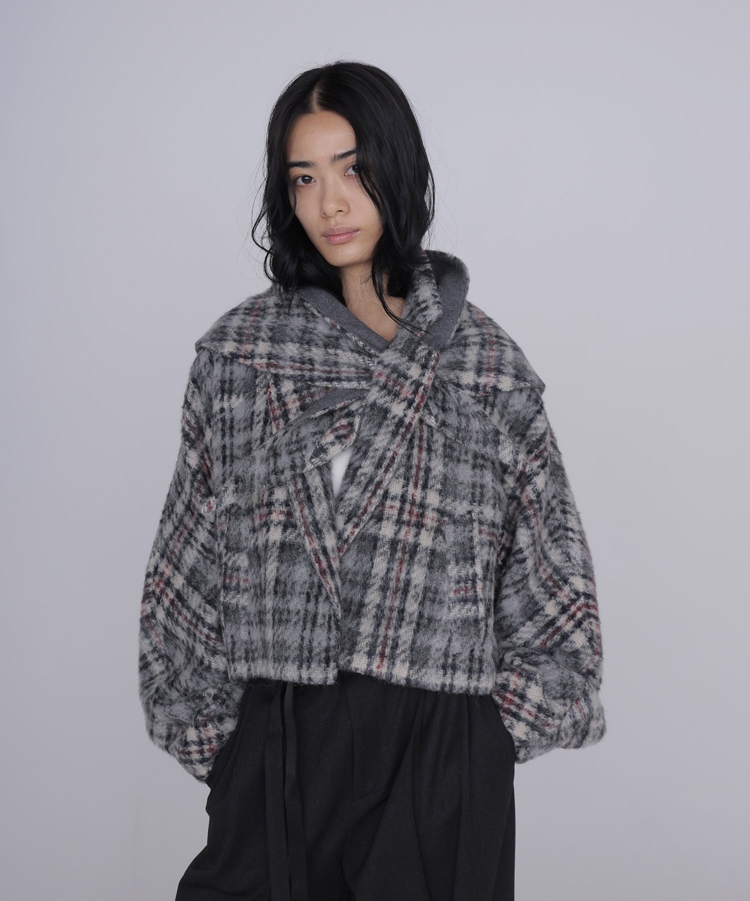 check shaggy scarf jacket
